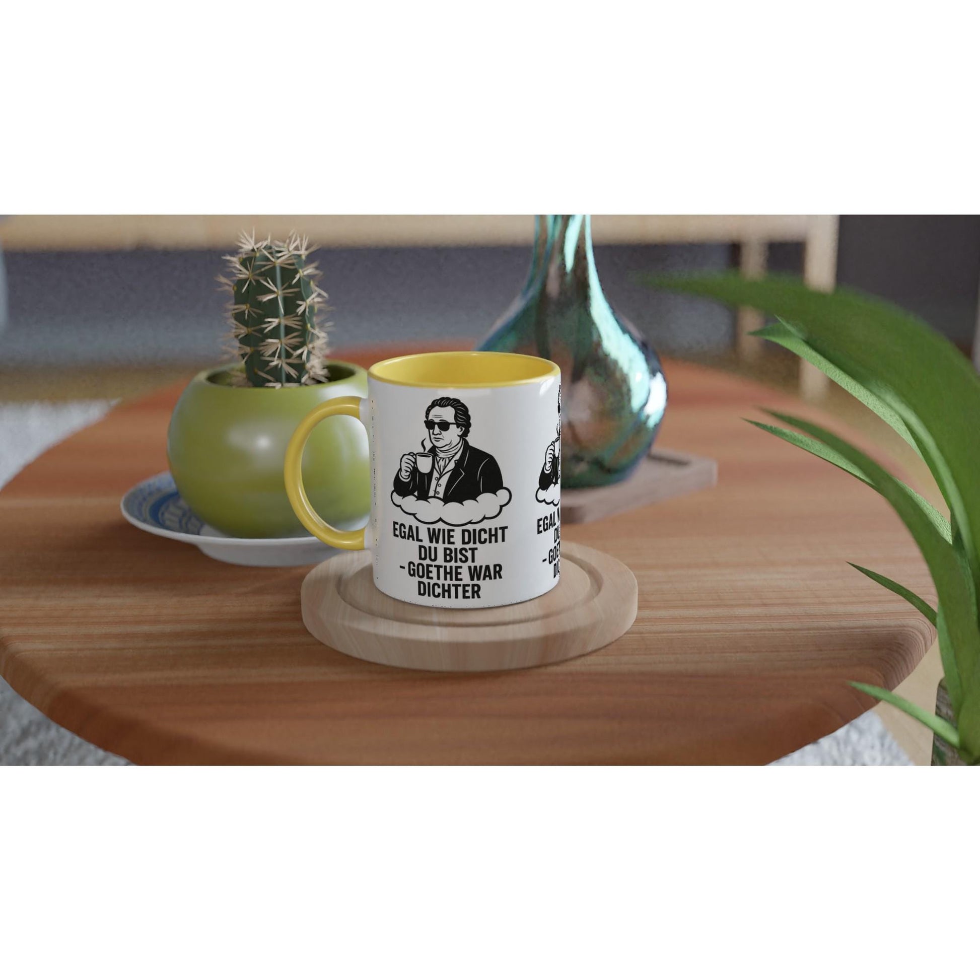 Geschenkidee Kaffeetasse witzig mit gelbem Henkel und Goethe Zitat für humorvolle Kaffeepausen