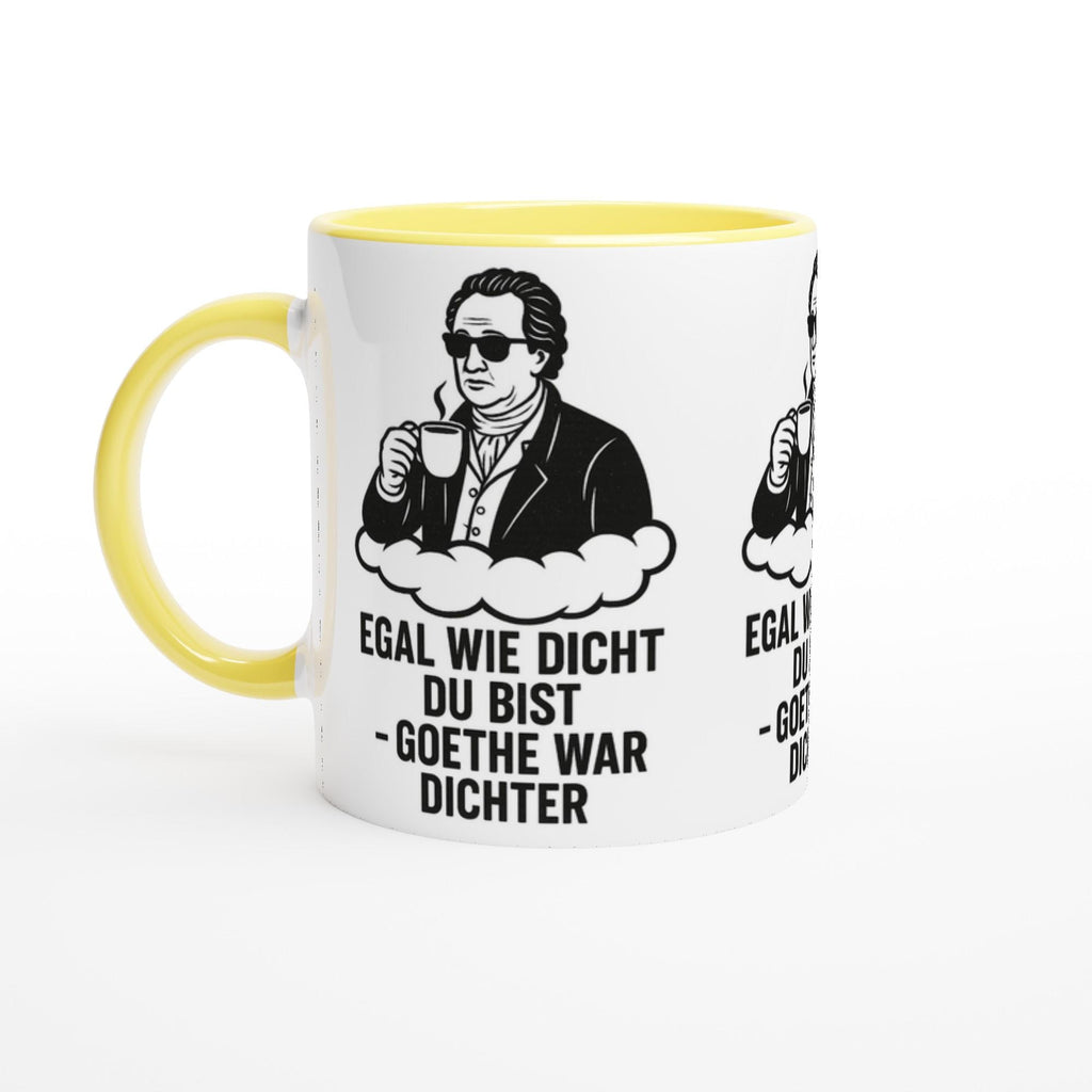 Geschenkidee Kaffeetasse witzig mit Goethe Motiv und lustigem Text in Gelb-Weiß