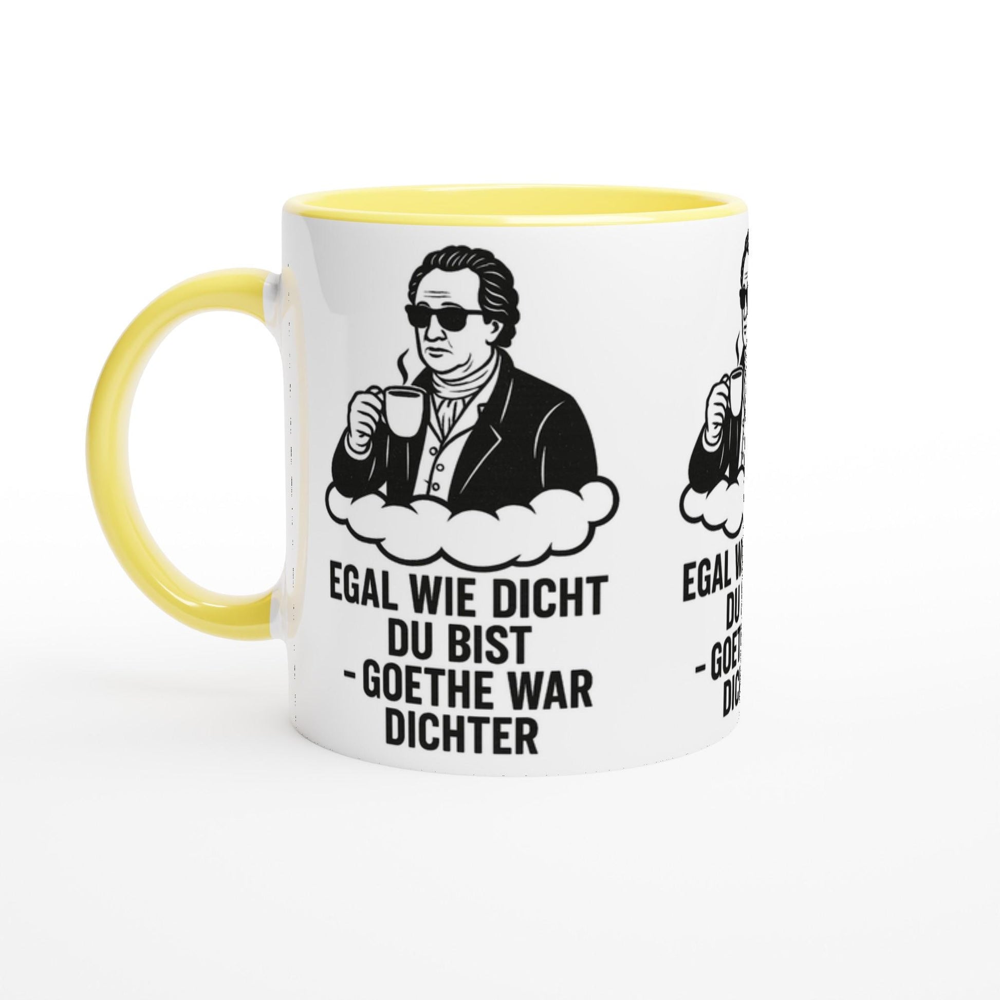 Geschenkidee Kaffeetasse witzig mit Goethe Motiv und lustigem Text in Gelb-Weiß