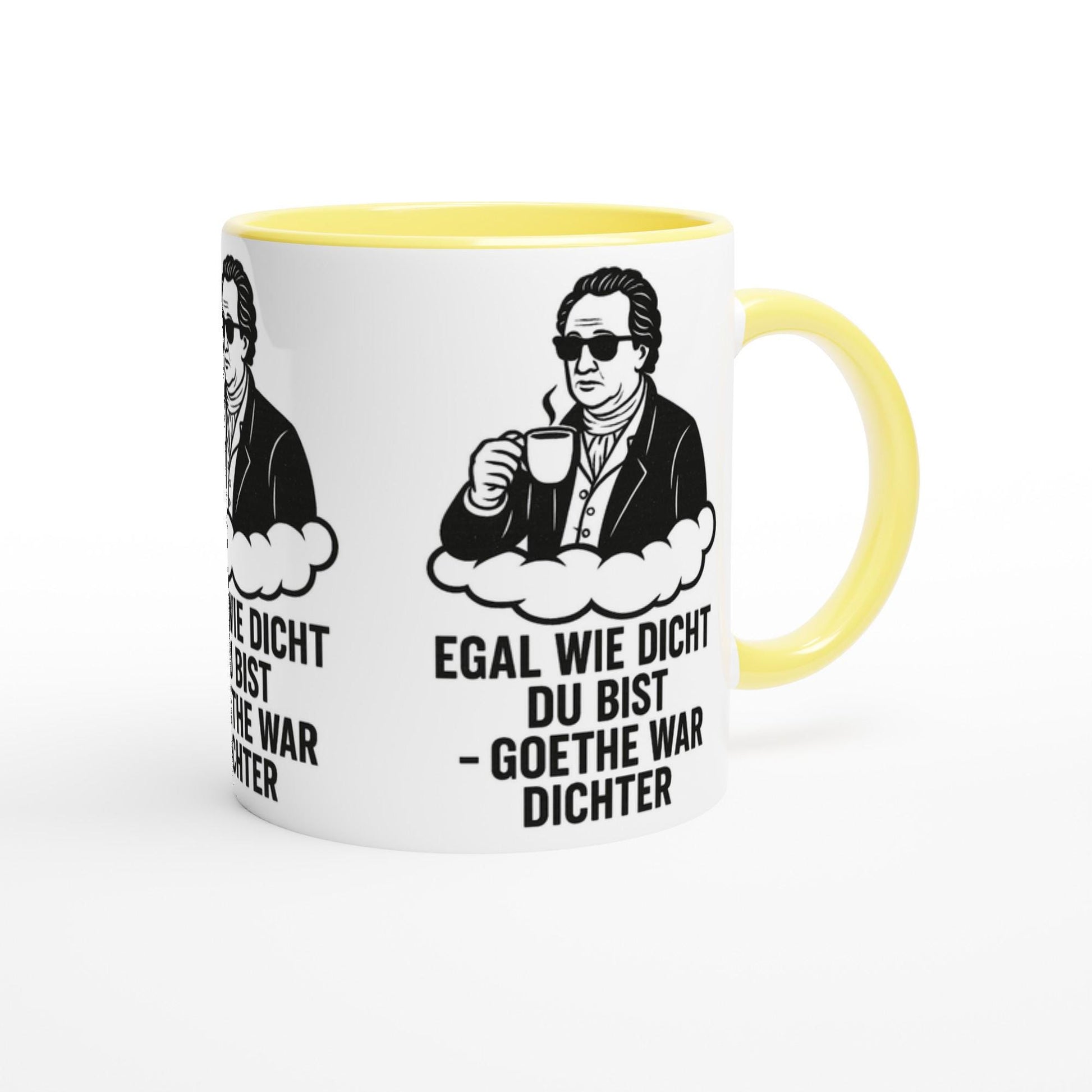 Weiße Kaffeetasse mit gelbem Innenraum und Griff mit witzigem Goethe Spruch Geschenkidee Kaffeetasse witzig