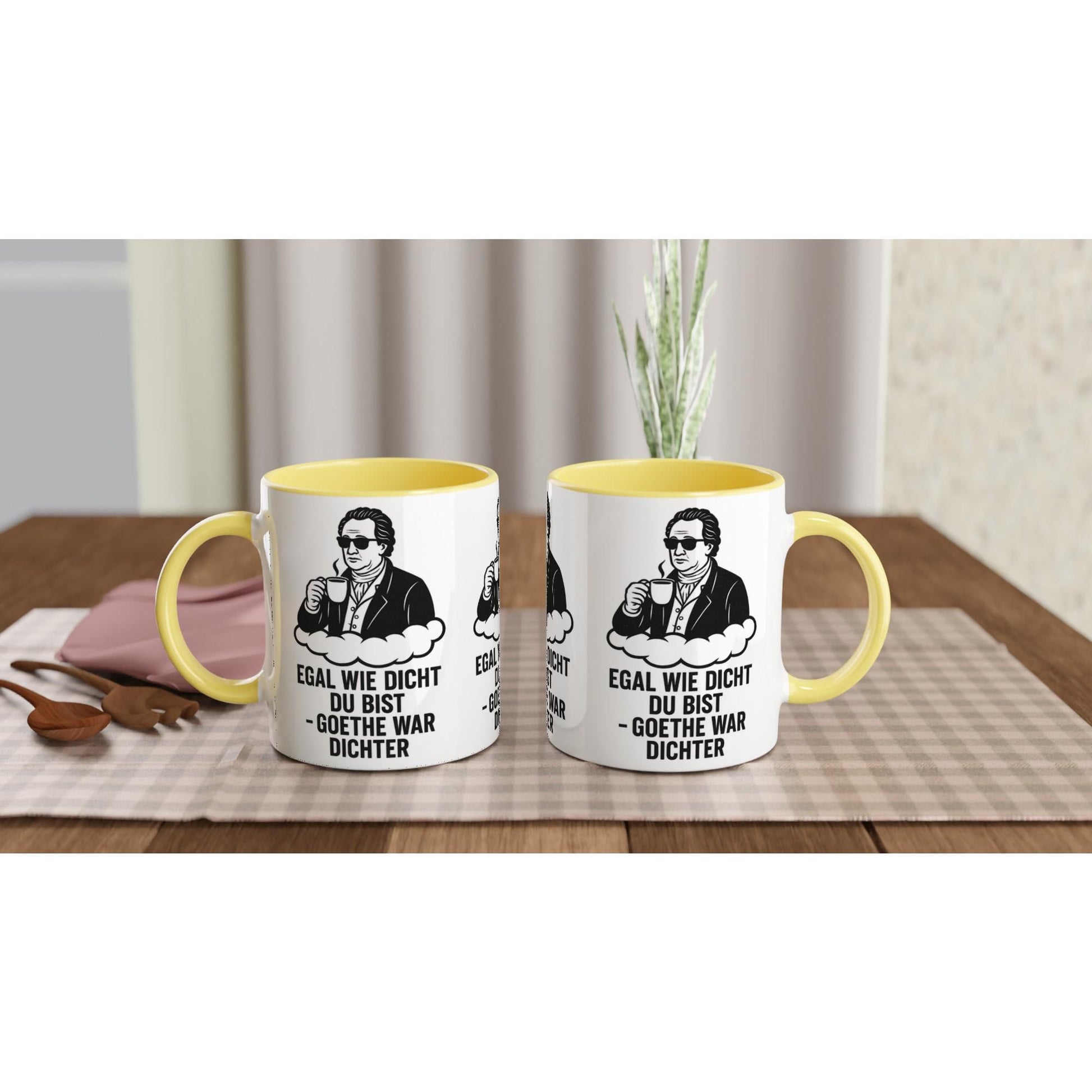 Geschenkidee Kaffeetasse witzig mit Goethe Zitat und gelbem Henkel für humorvolle Kaffeeliebhaber
