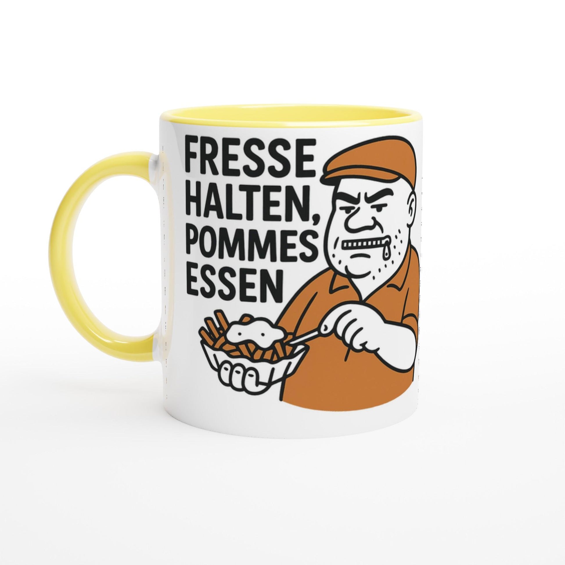 Weiße Tasse mit gelbem Griff und Bauch Geschenkidee Ruhrgebiet mit Spruch und comicartigem Mann mit Pommes