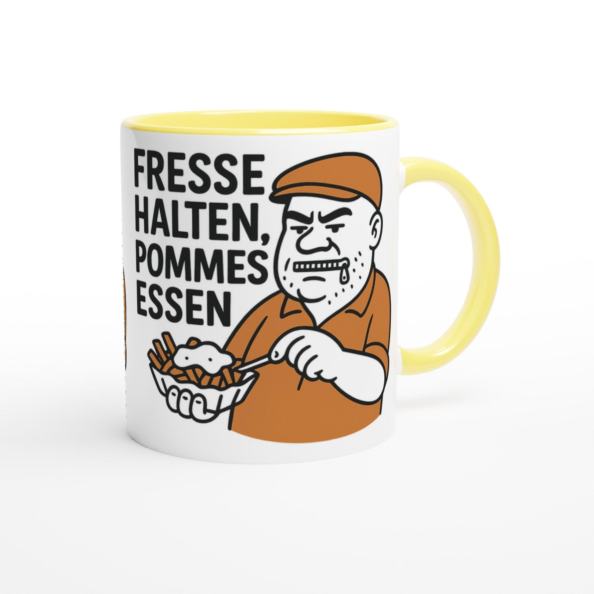 Weiß-gelbe Tasse mit Ruhrgebiets-Spruch Fresse halten Pommes essen Geschenkidee Ruhrgebiet