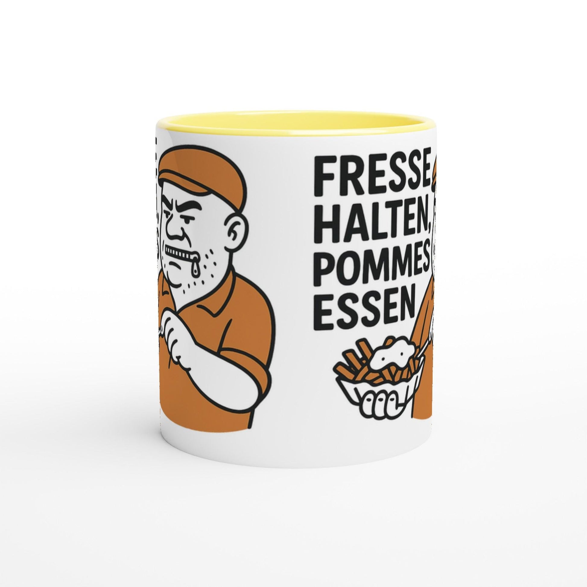 Weiße Kaffeetasse mit gelbem Innenrand und Ruhrgebiets-Motiv als Geschenkidee Ruhrgebiet
