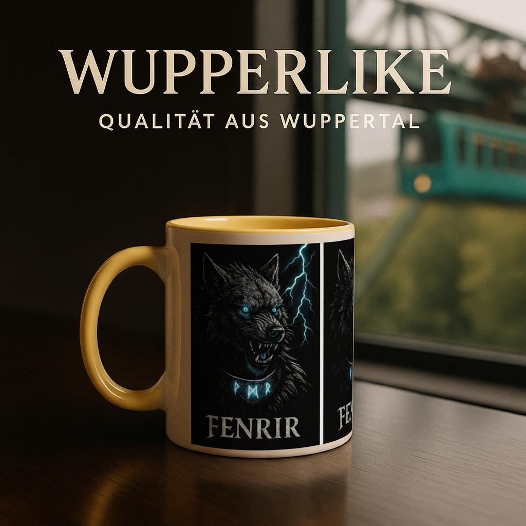Fenrir Tasse – Nordische Mythologie Wolf – Wikinger Geschenk – Viking Mug mit Runen – Fenrir Wolf Illustration – Nordic Pagan Coffee Cup