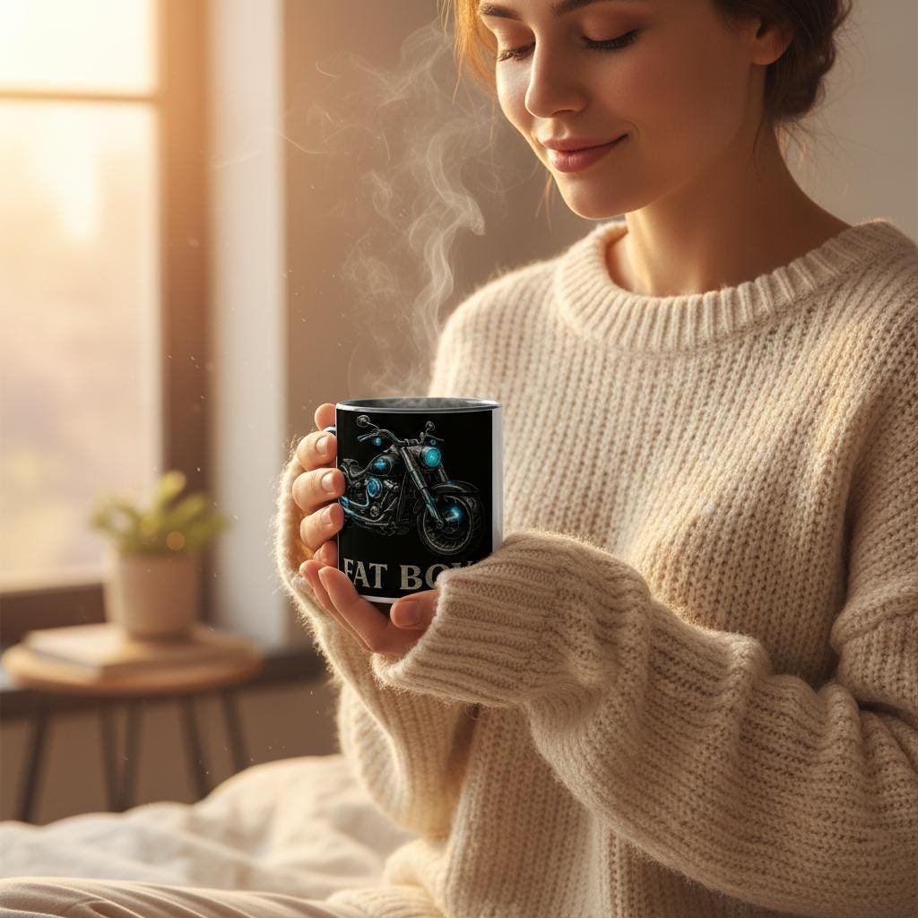 Harley Fat Boy Motorrad Tasse – Classic Cruiser Bike Design | Biker Mug | Motorcycle Art | Geschenk für Harley-Fans