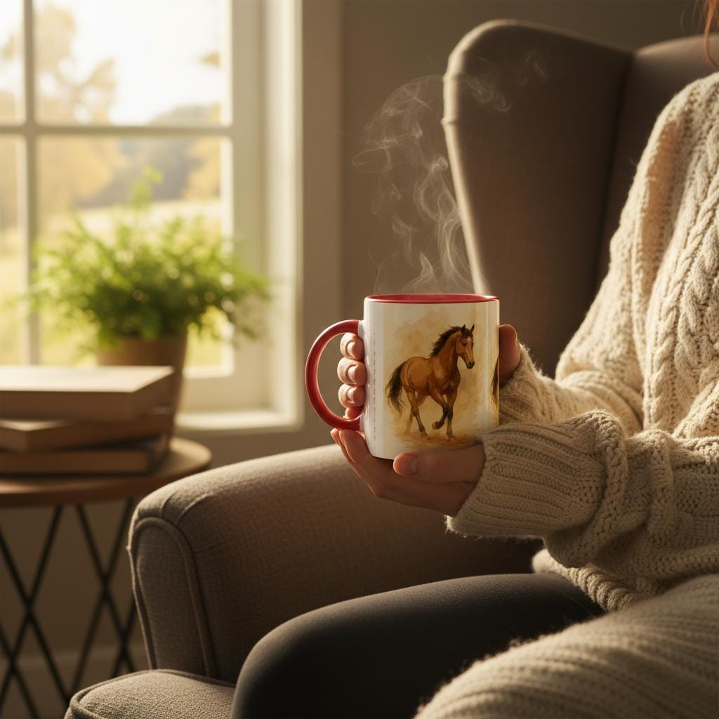 Pferde Aquarell Tasse – 3-fach Rundum Motiv | 11oz Keramiktasse mit elegantem Pferde-Design | Geschenk für Reiterinnen & Pferdefans