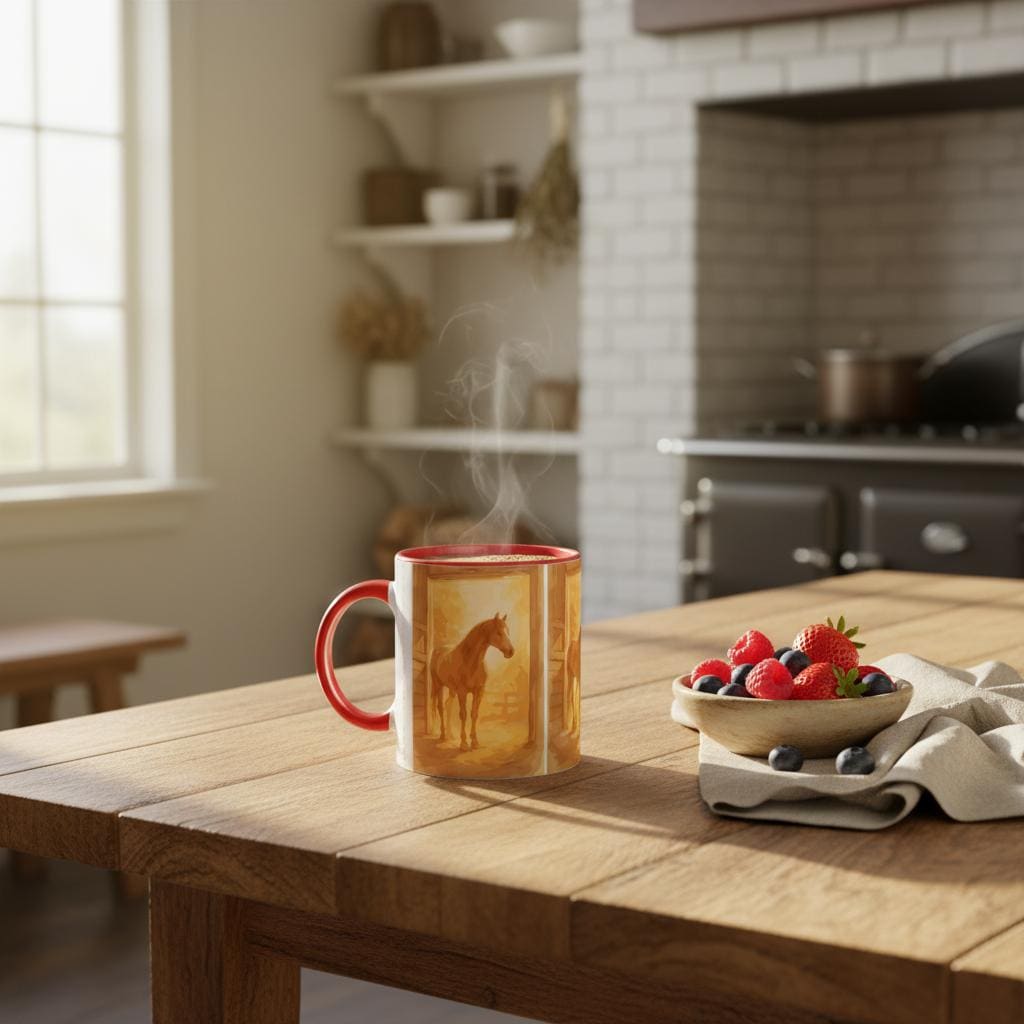 Pferde Tasse – Goldenes Stallmotiv | Warmes Pferdekunst-Design | Geschenk für Reiter & Pferdeliebhaber | Horse Mug with Stable Scene