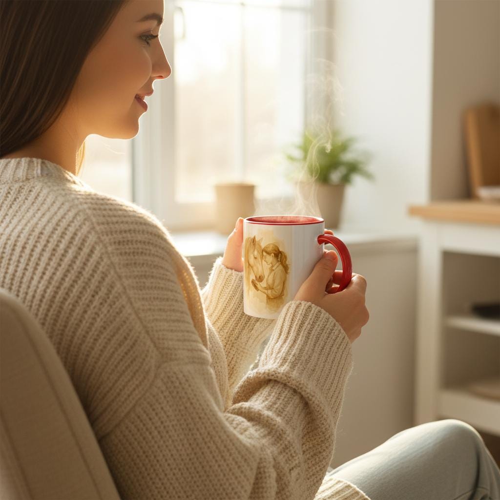Mädchen und Pferd – Zarte Pferdeliebe Illustration auf Keramiktasse | Geschenk für Reiterinnen & Pferdefans