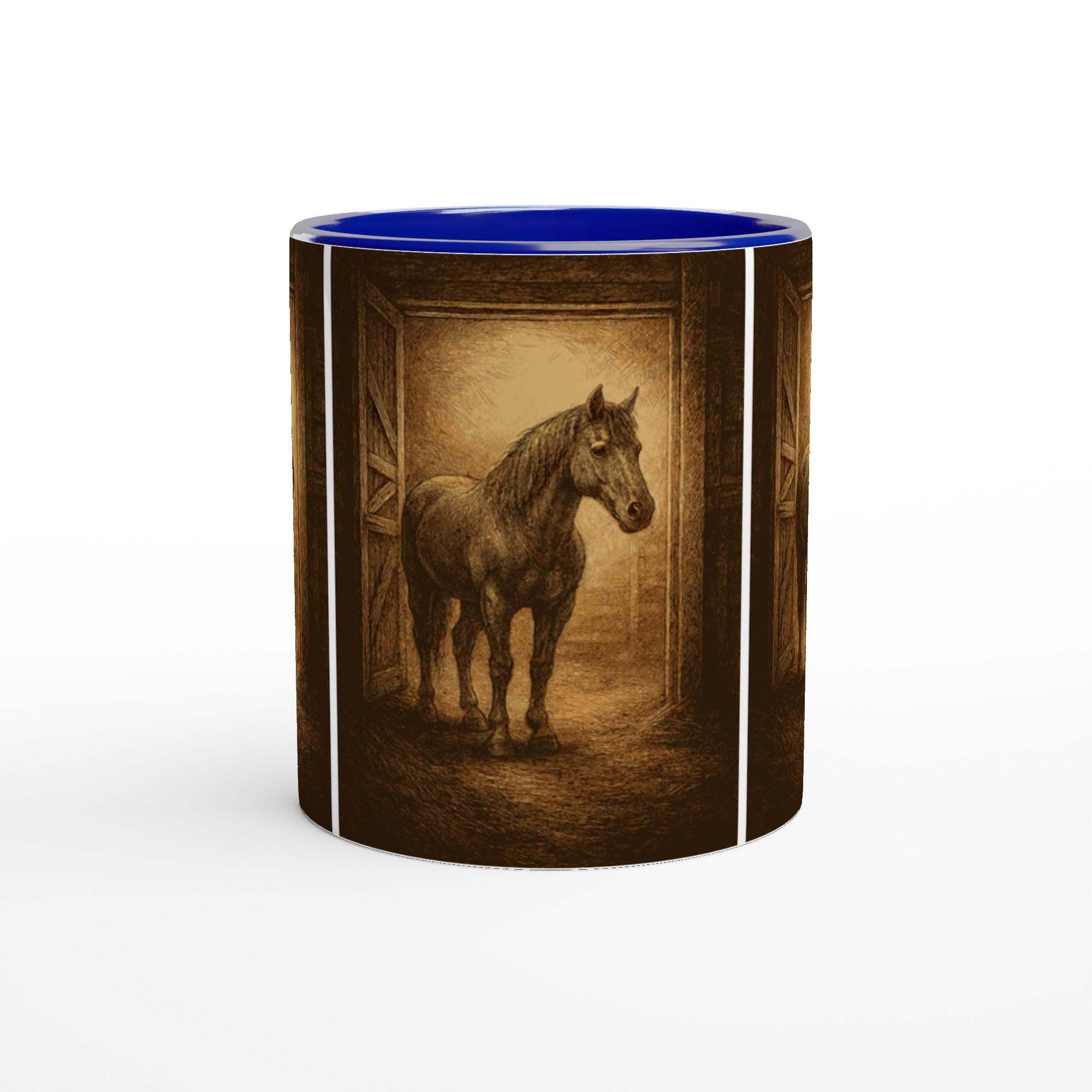 Stallmoment – Tasse mit Pferd im Scheuneneingang | Equestrian Mug | Geschenk für Reiterinnen & Pferdefans