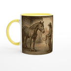 Pferd & Reiterin Tasse Vintage Stallmotiv Geschenk für Reiterinnen Equestrian Mug – Pferdeliebe Illustration – 325 ml Keramiktasse