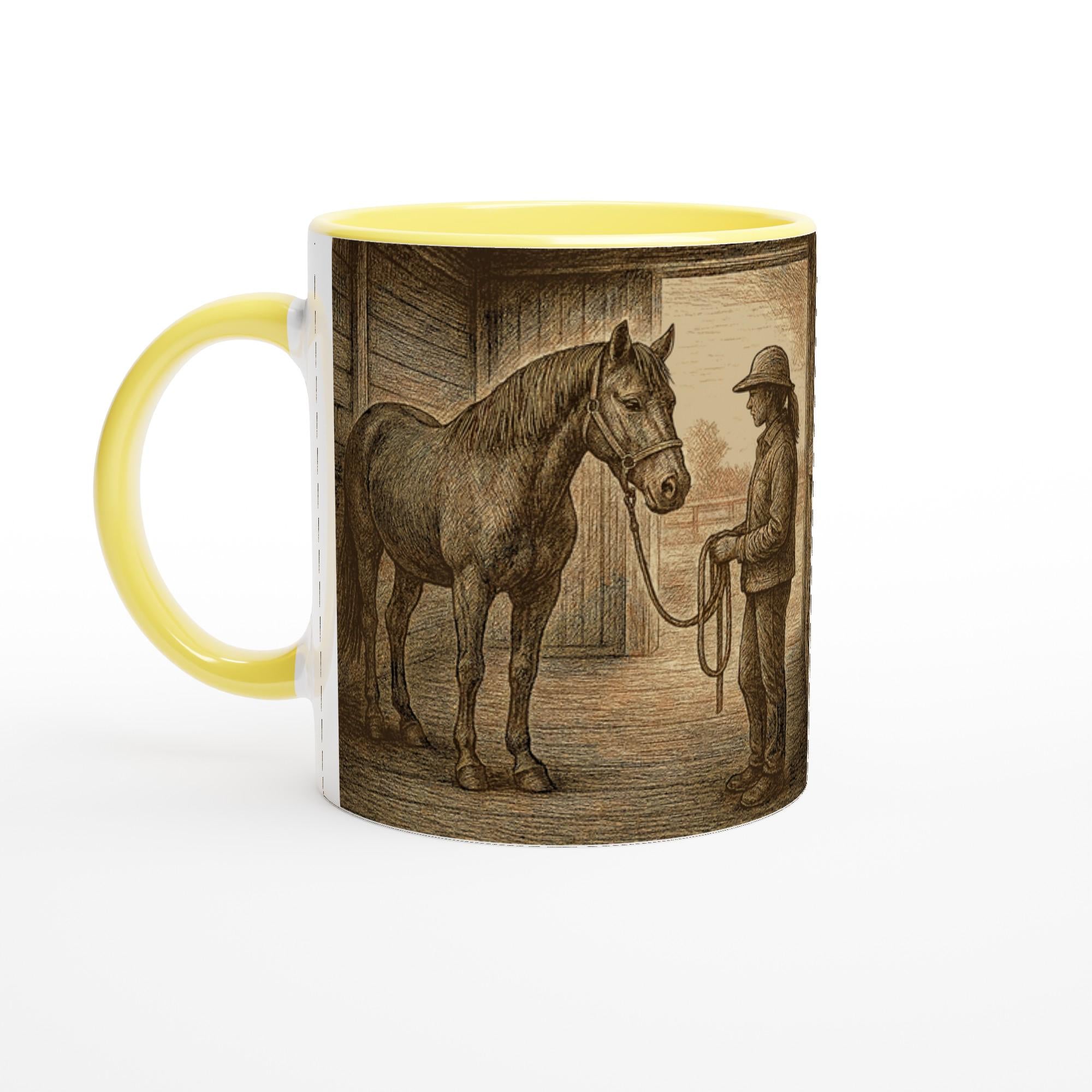 Pferd & Reiterin Tasse Vintage Stallmotiv Geschenk für Reiterinnen Equestrian Mug – Pferdeliebe Illustration – 325 ml Keramiktasse