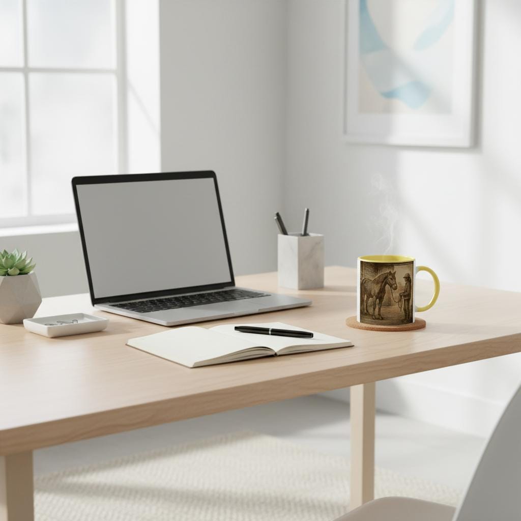 Pferd & Reiterin Tasse Vintage Stallmotiv Geschenk für Reiterinnen Equestrian Mug – Pferdeliebe Illustration – 325 ml Keramiktasse