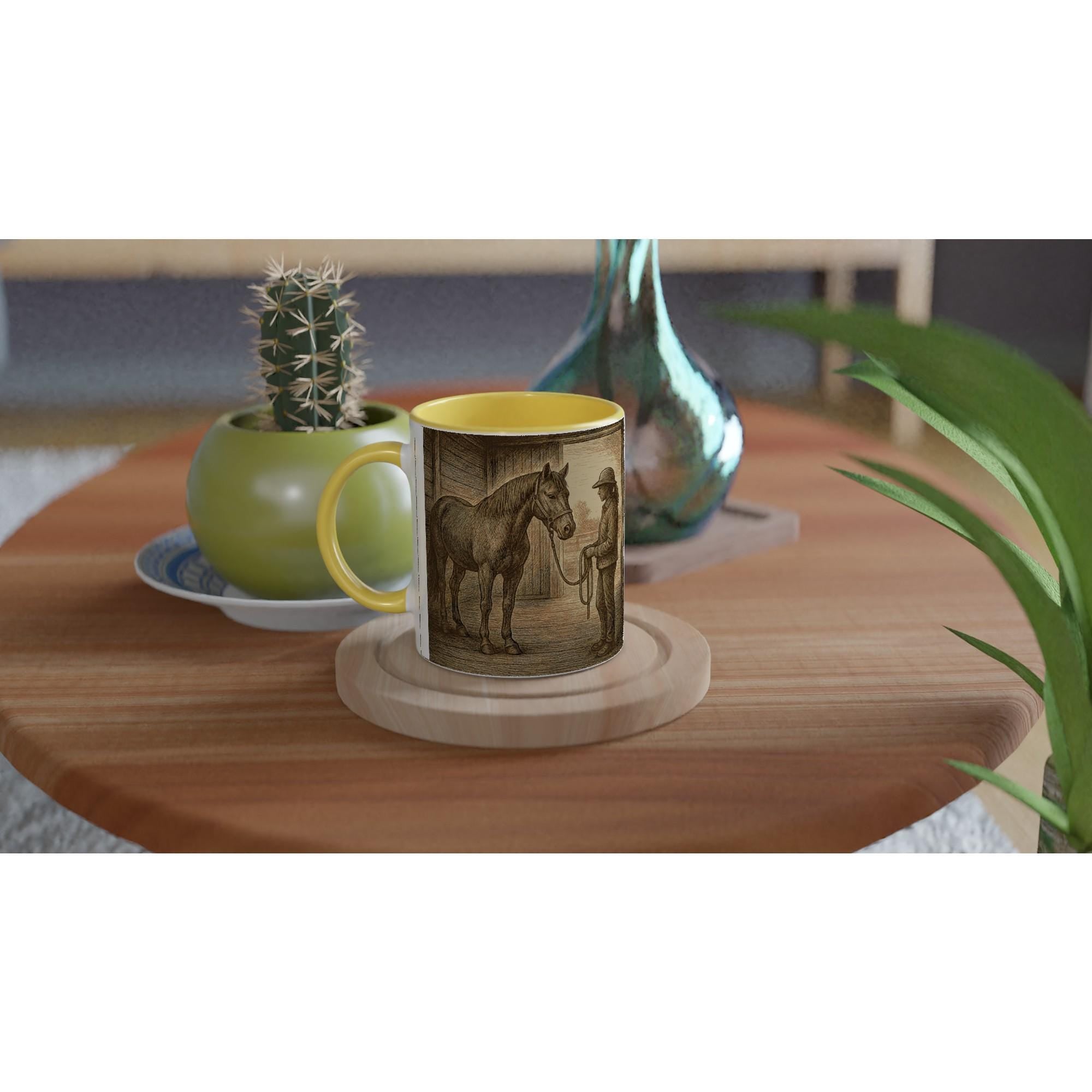 Pferd & Reiterin Tasse Vintage Stallmotiv Geschenk für Reiterinnen Equestrian Mug – Pferdeliebe Illustration – 325 ml Keramiktasse