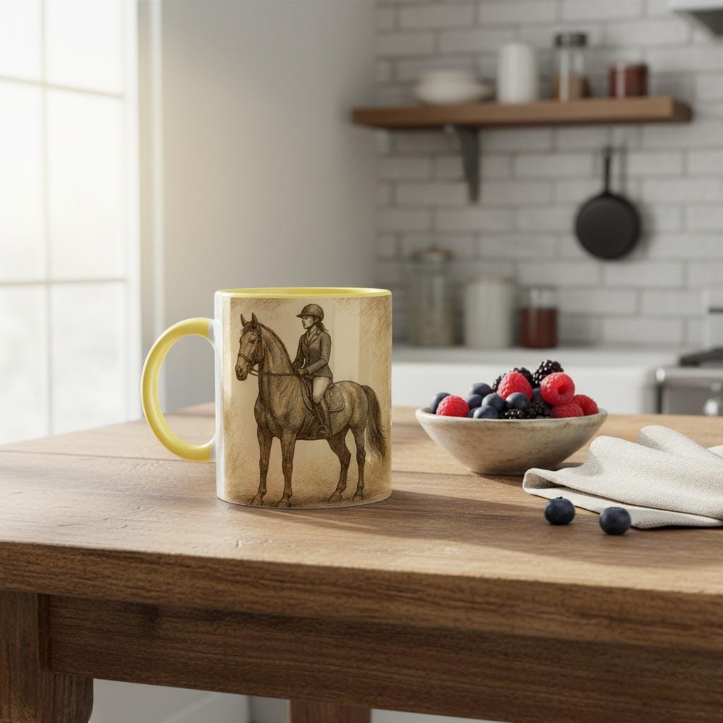 Elegante Reiterin – Klassische Pferdetasse für Reiter & Pferdeliebhaber – Vintage Equestrian Mug