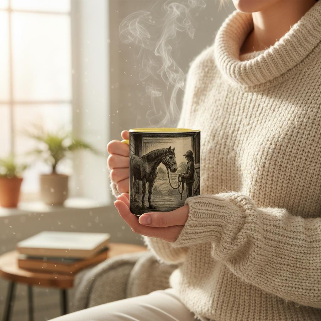 Stille Verbindung – Tasse mit Reiterin & Pferd, Stallmotiv, Geschenk für Pferdeliebhaberinnen