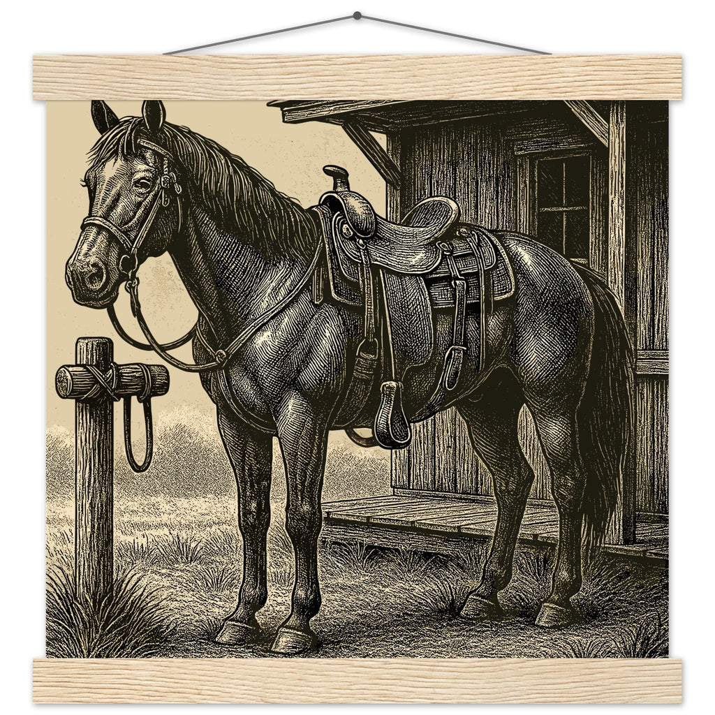 Western Pferde Wandbild – Sattelbereit vor Holzstall • Poster mit Kiefernholz-Hängern • Geschenk für Reiter & Pferdeliebhaber