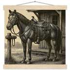 Western Pferde Wandbild – Sattelbereit vor Holzstall • Poster mit Kiefernholz-Hängern • Geschenk für Reiter & Pferdeliebhaber