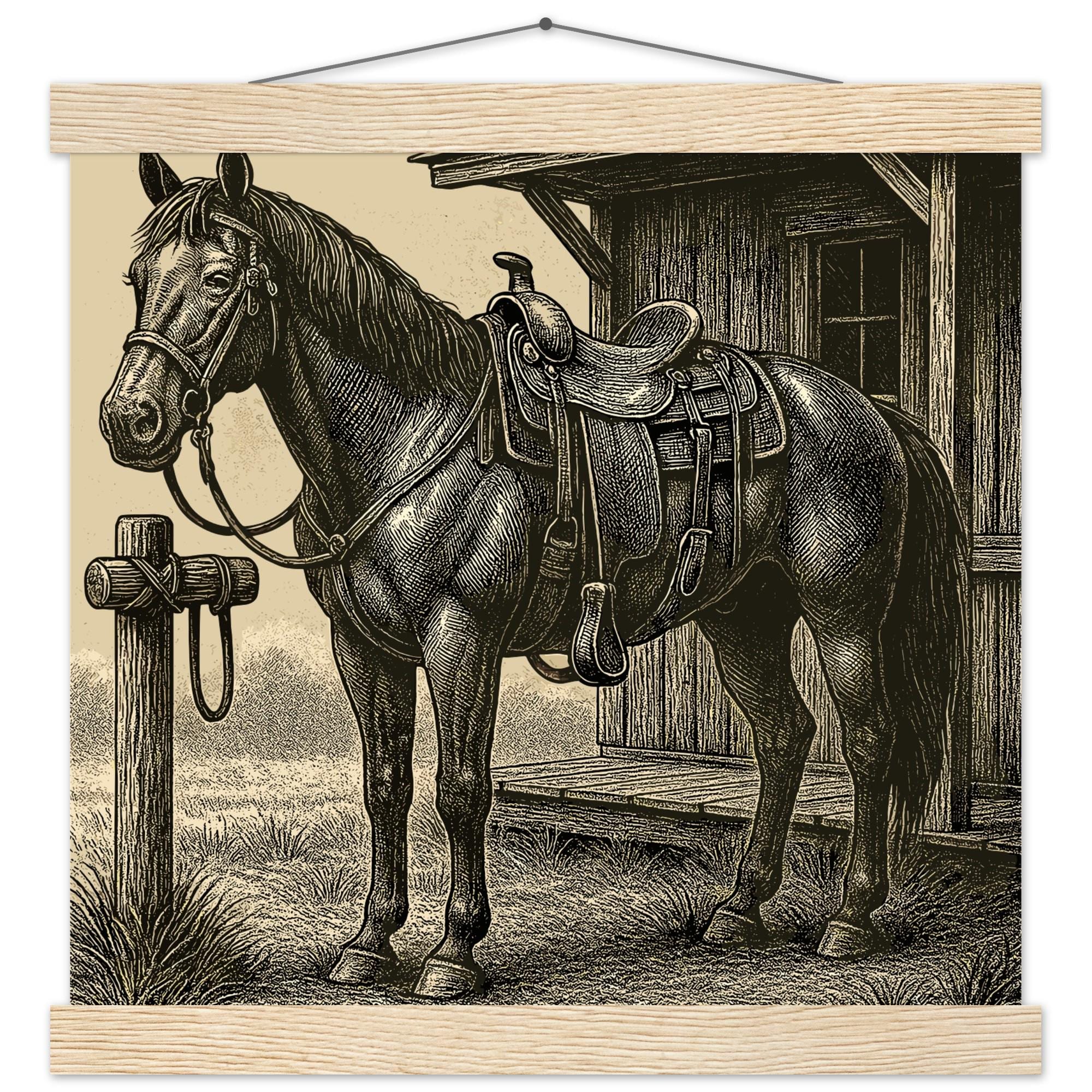 Western Pferde Wandbild – Sattelbereit vor Holzstall • Poster mit Kiefernholz-Hängern • Geschenk für Reiter & Pferdeliebhaber
