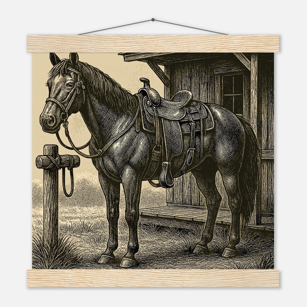 Western Pferde Wandbild – Sattelbereit vor Holzstall • Poster mit Kiefernholz-Hängern • Geschenk für Reiter & Pferdeliebhaber