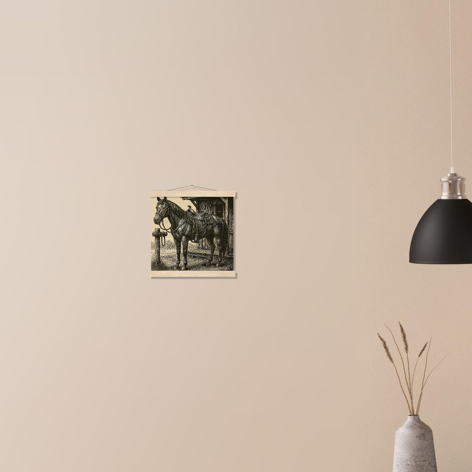 Western Pferde Wandbild – Sattelbereit vor Holzstall • Poster mit Kiefernholz-Hängern • Geschenk für Reiter & Pferdeliebhaber
