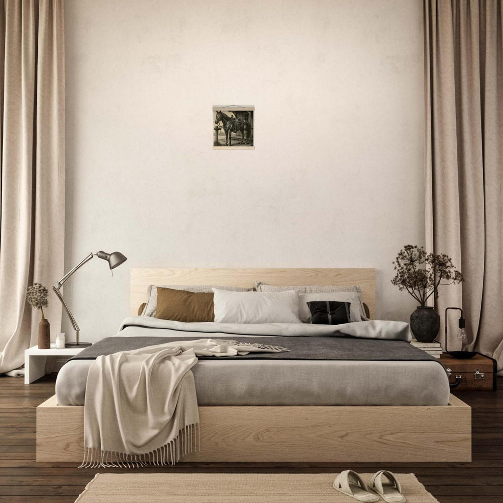 Western Pferde Wandbild – Sattelbereit vor Holzstall • Poster mit Kiefernholz-Hängern • Geschenk für Reiter & Pferdeliebhaber