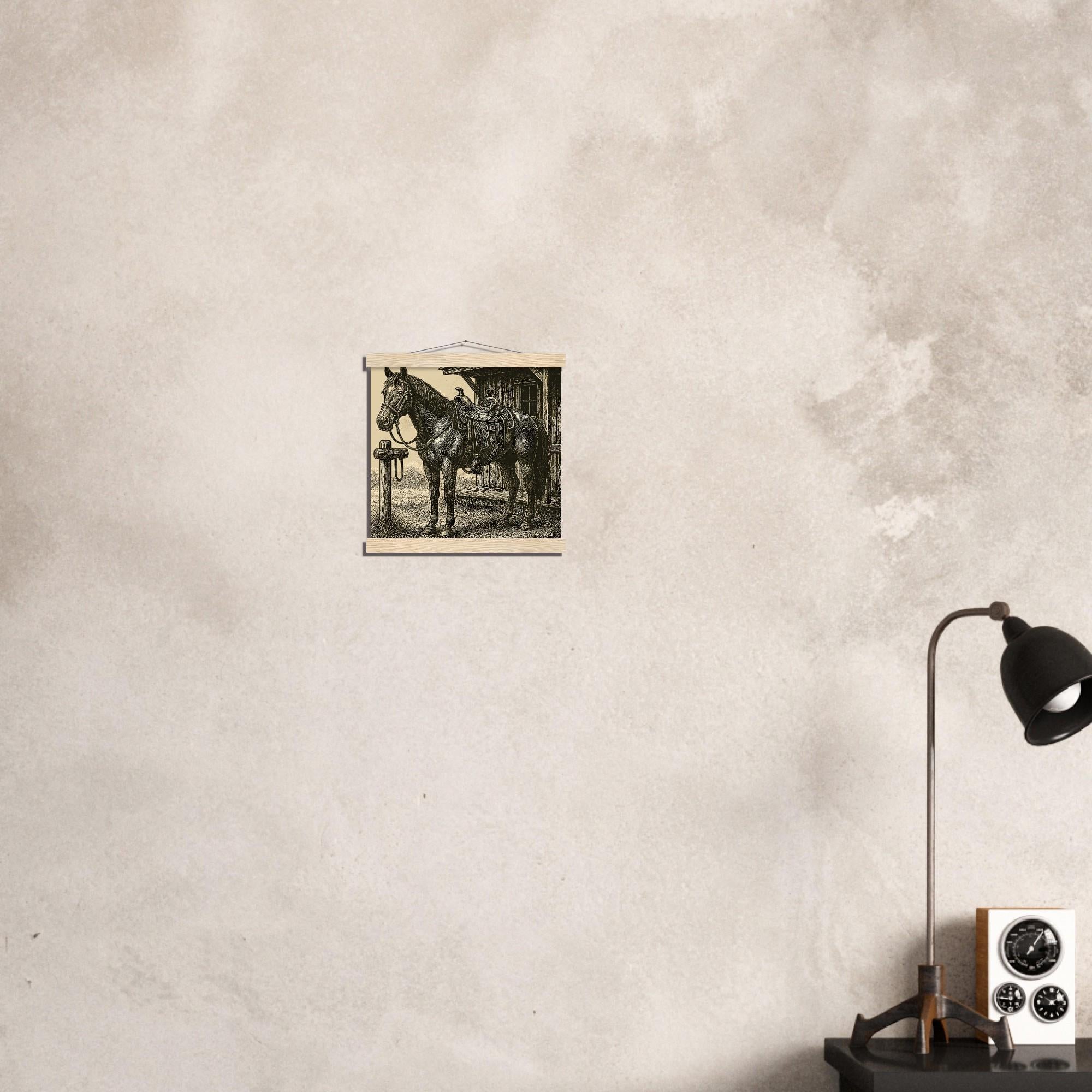 Western Pferde Wandbild – Sattelbereit vor Holzstall • Poster mit Kiefernholz-Hängern • Geschenk für Reiter & Pferdeliebhaber