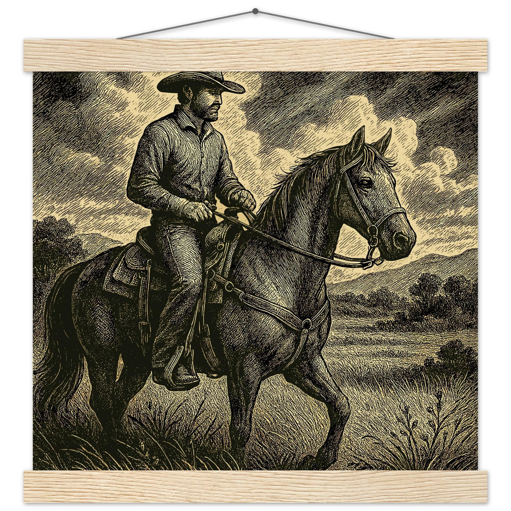 Western Pferde Wandbild – Sattelbereit vor Holzstall • Poster mit Kiefernholz-Hängern • Geschenk für Reiter & Pferdeliebhaber