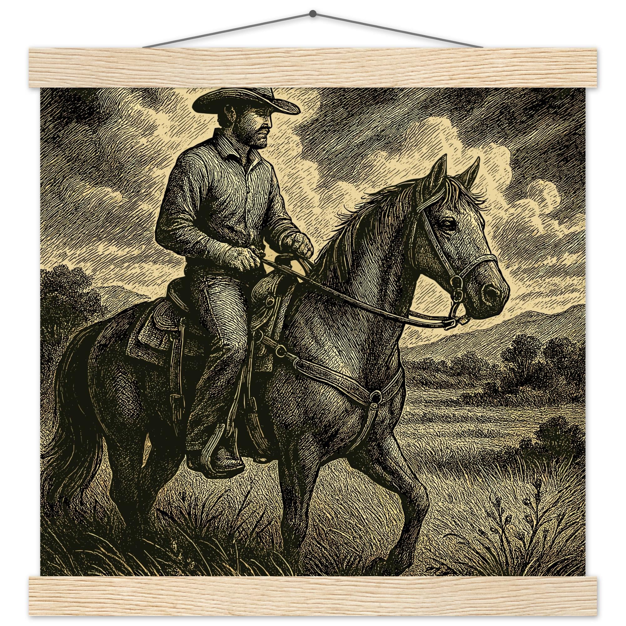 Western Pferde Wandbild – Sattelbereit vor Holzstall • Poster mit Kiefernholz-Hängern • Geschenk für Reiter & Pferdeliebhaber