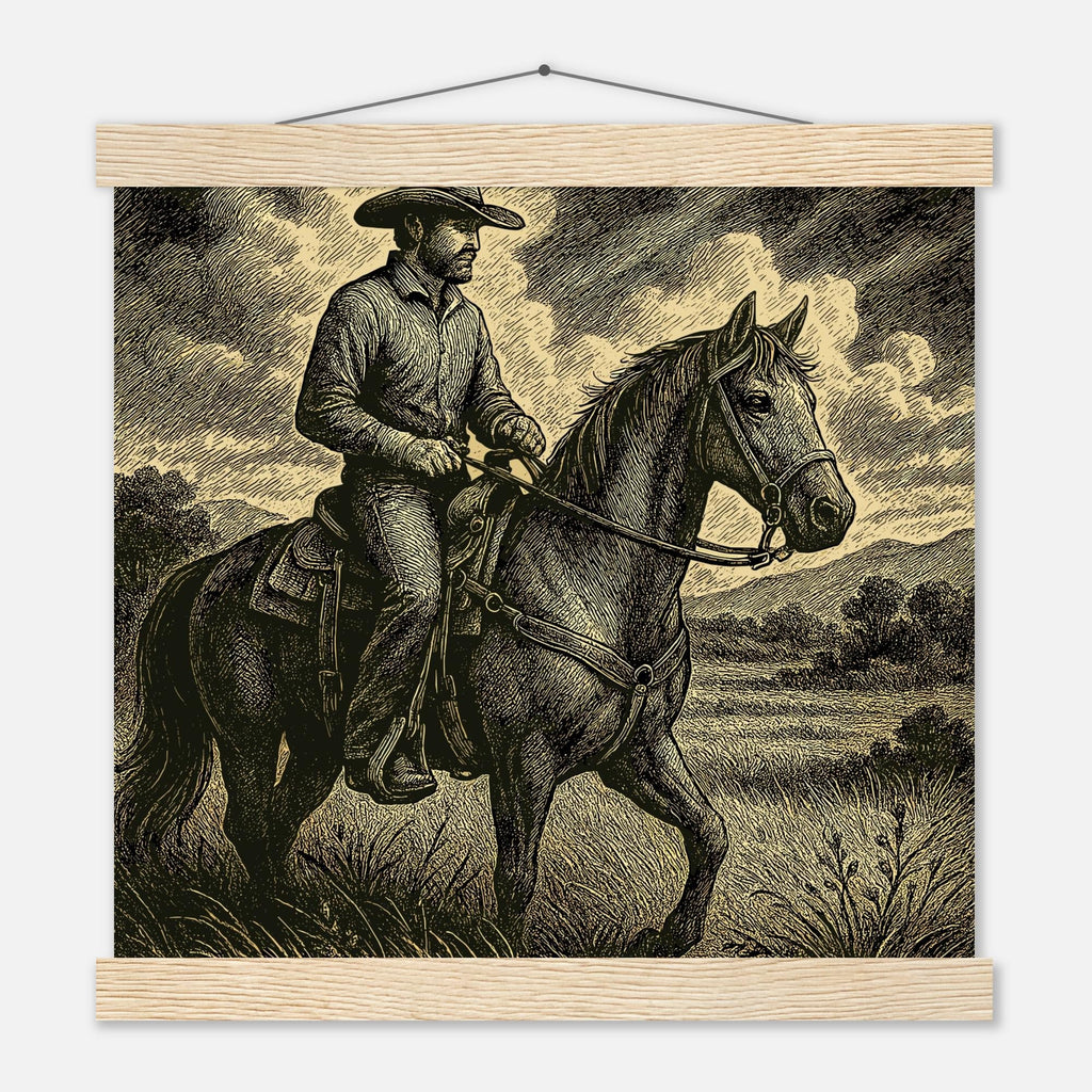 Western Pferde Wandbild – Sattelbereit vor Holzstall • Poster mit Kiefernholz-Hängern • Geschenk für Reiter & Pferdeliebhaber