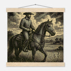 Western Pferde Wandbild – Sattelbereit vor Holzstall • Poster mit Kiefernholz-Hängern • Geschenk für Reiter & Pferdeliebhaber