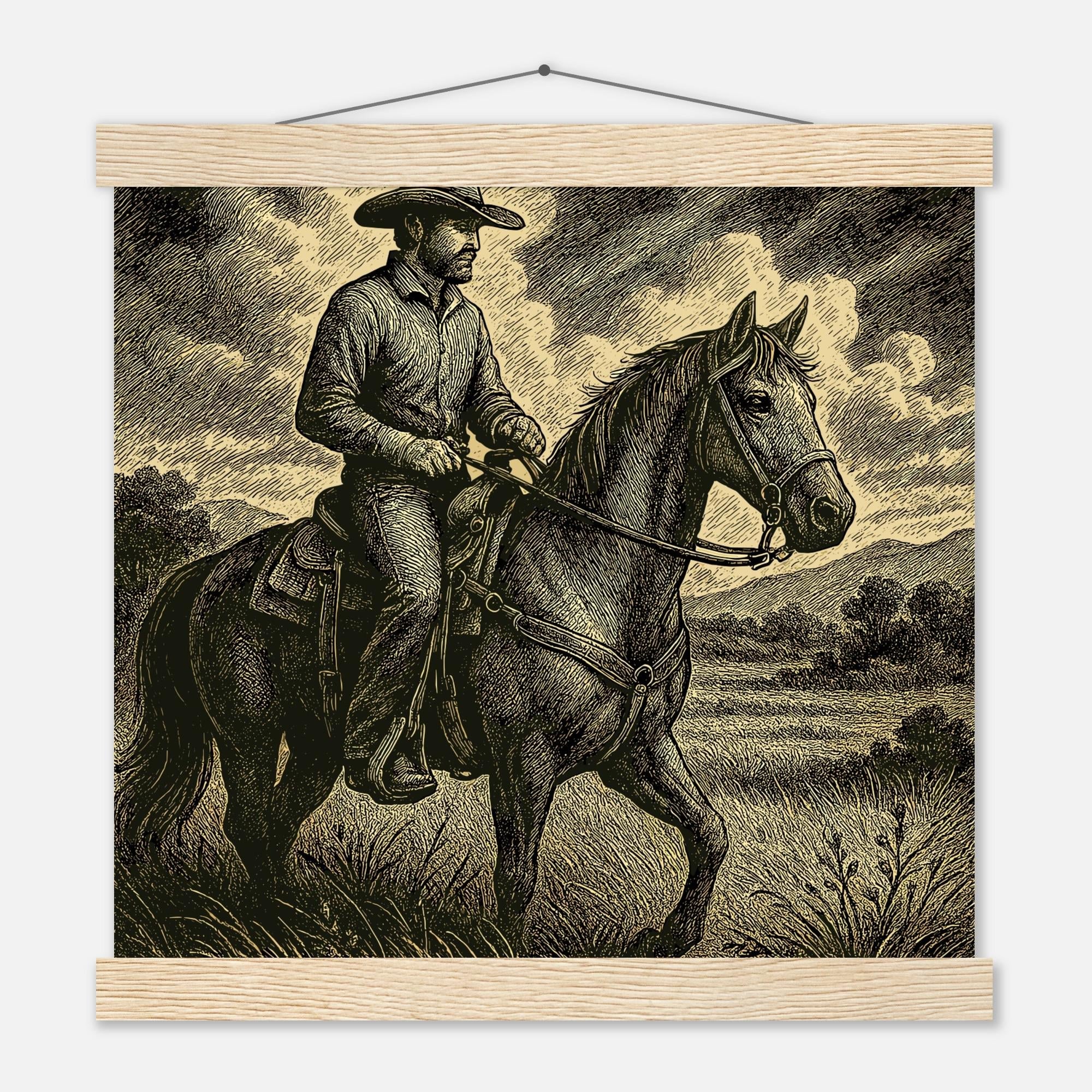 Western Pferde Wandbild – Sattelbereit vor Holzstall • Poster mit Kiefernholz-Hängern • Geschenk für Reiter & Pferdeliebhaber