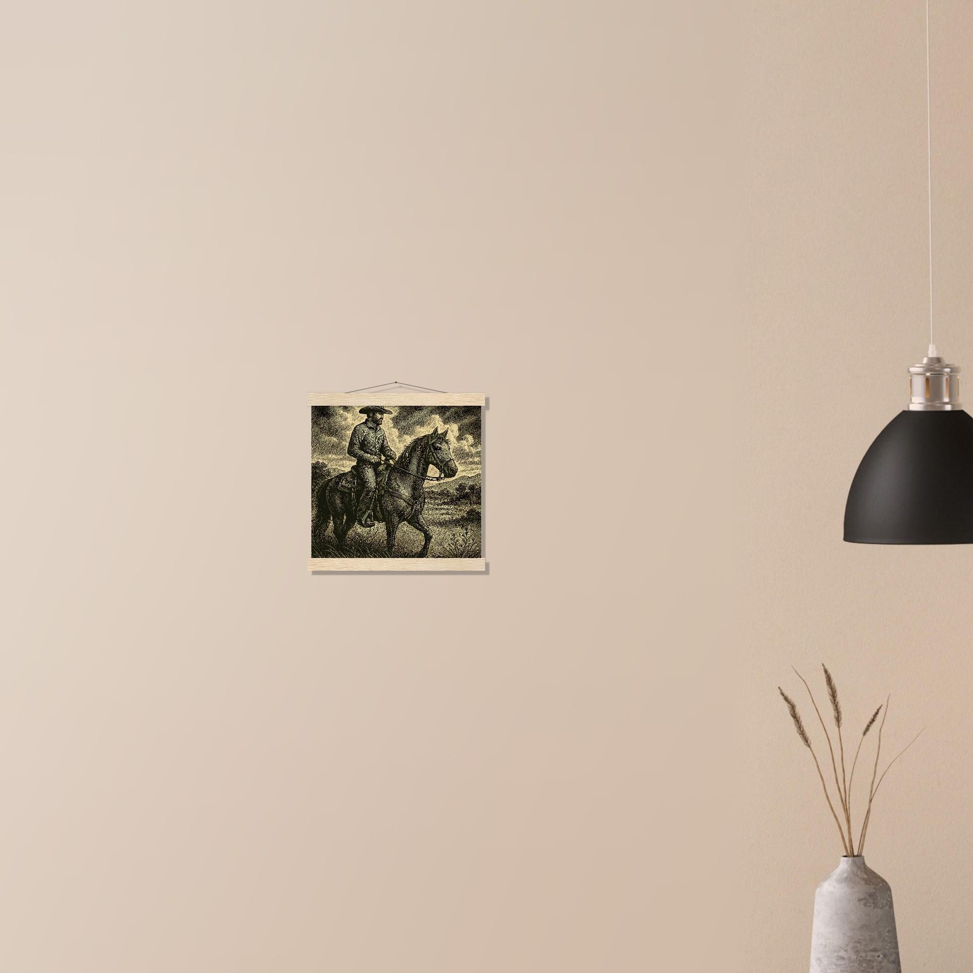 Western Pferde Wandbild – Sattelbereit vor Holzstall • Poster mit Kiefernholz-Hängern • Geschenk für Reiter & Pferdeliebhaber