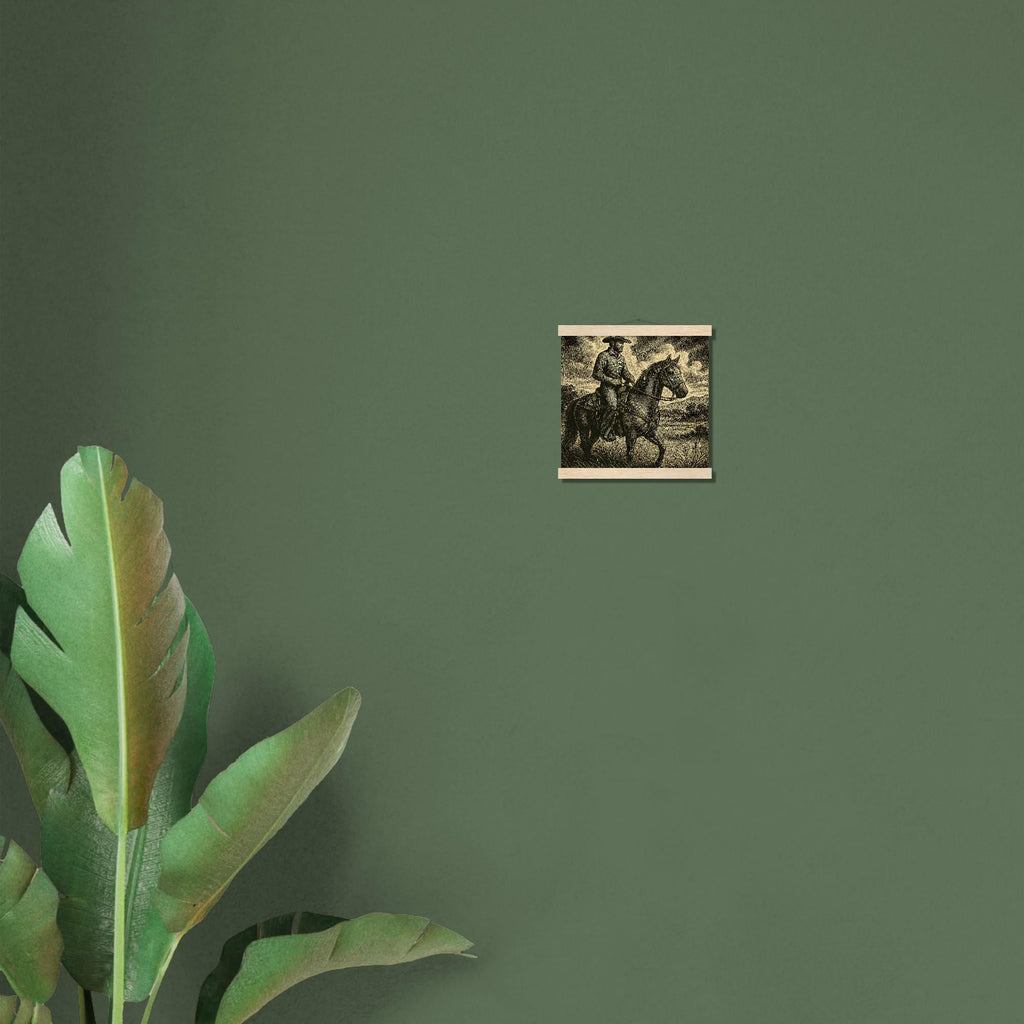 Western Pferde Wandbild – Sattelbereit vor Holzstall • Poster mit Kiefernholz-Hängern • Geschenk für Reiter & Pferdeliebhaber