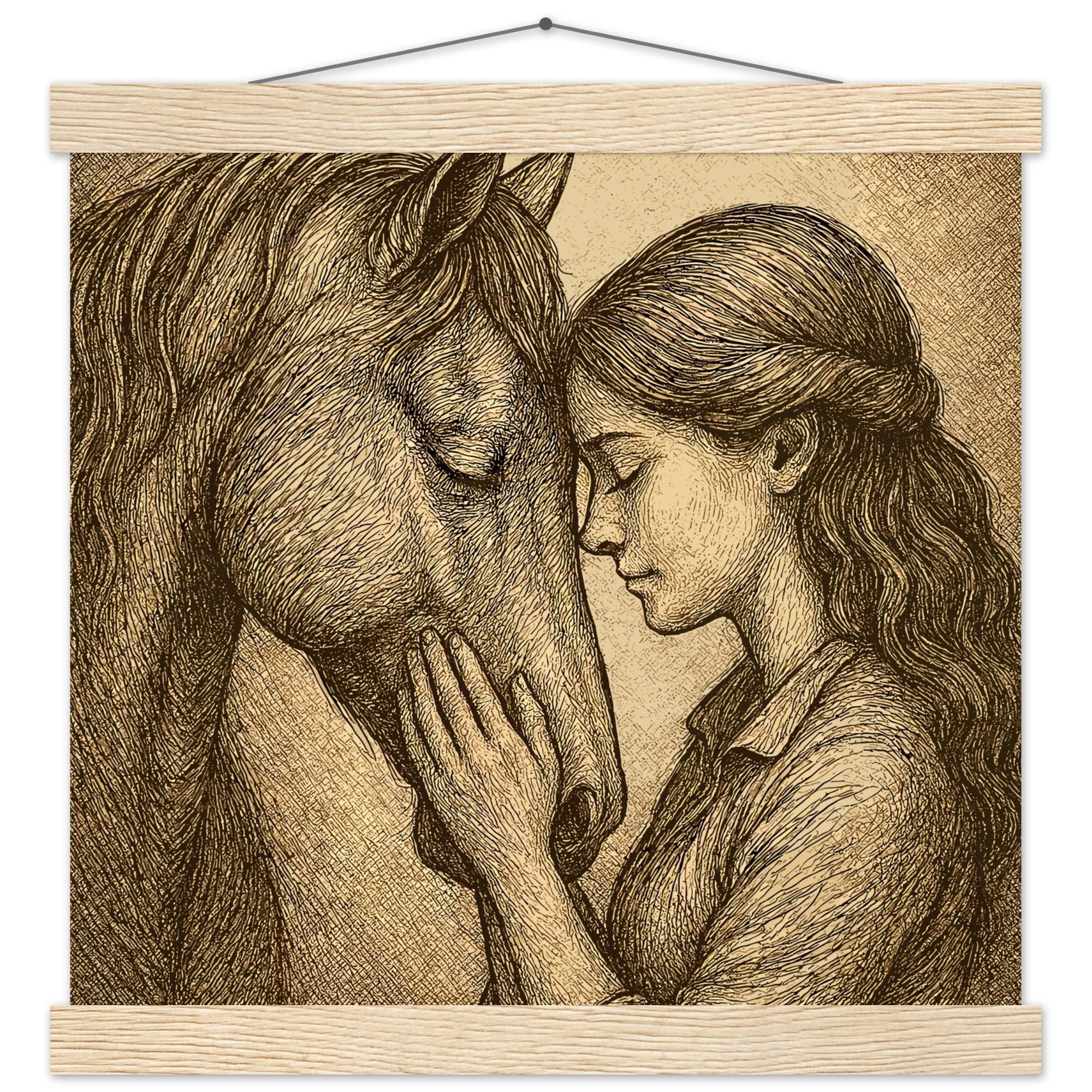 Silent Connection – Pferd & Mädchen Wandbild 20×25 cm | Emotionales Pferdeposter mit Holzaufhängern Geschenk für Reiterinnen Pferdeliebhaber