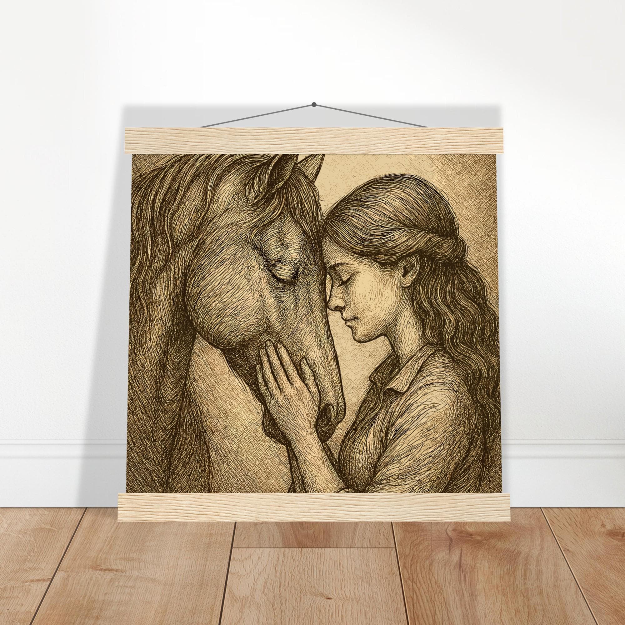 Silent Connection – Pferd & Mädchen Wandbild 20×25 cm | Emotionales Pferdeposter mit Holzaufhängern Geschenk für Reiterinnen Pferdeliebhaber
