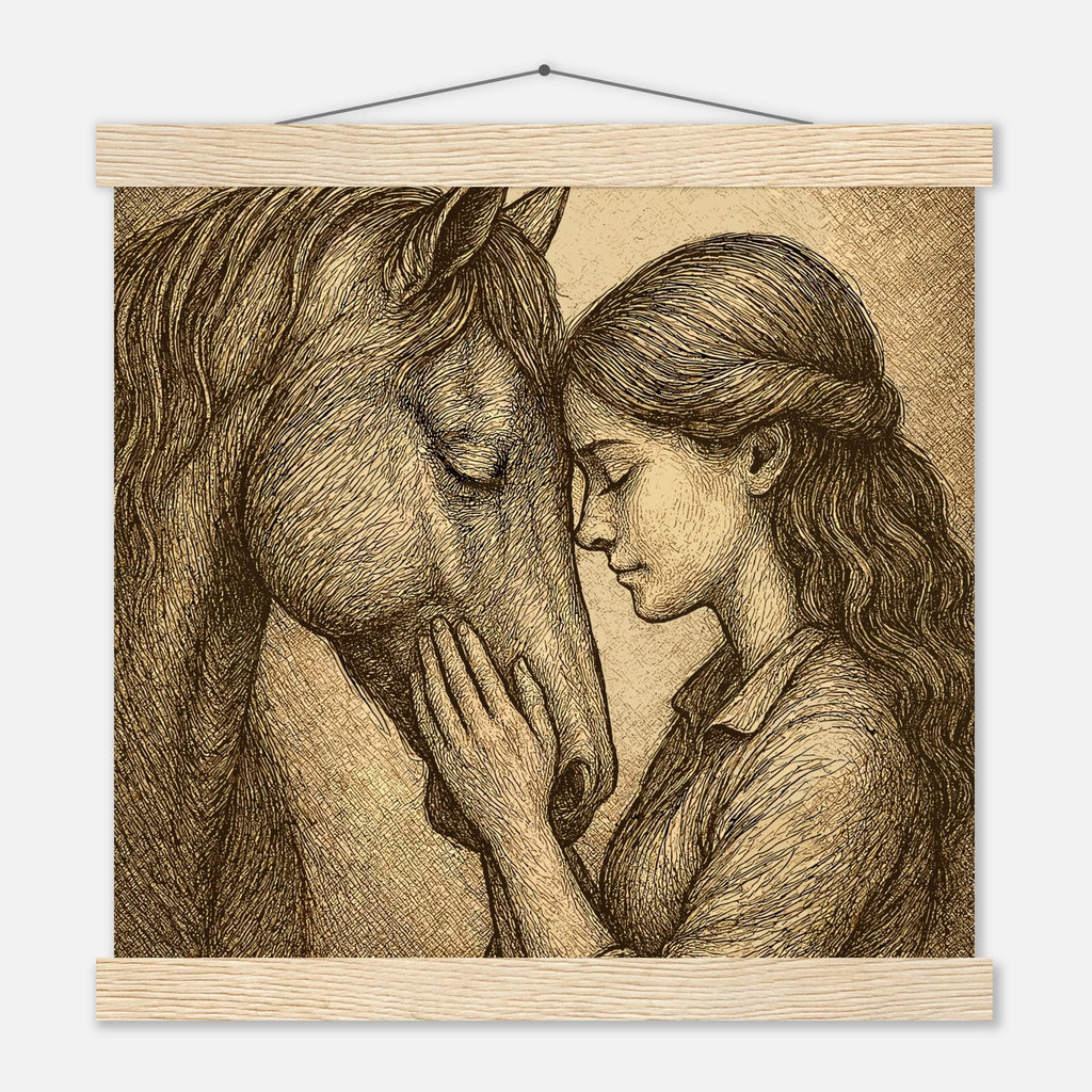 Silent Connection – Pferd & Mädchen Wandbild 20×25 cm | Emotionales Pferdeposter mit Holzaufhängern Geschenk für Reiterinnen Pferdeliebhaber