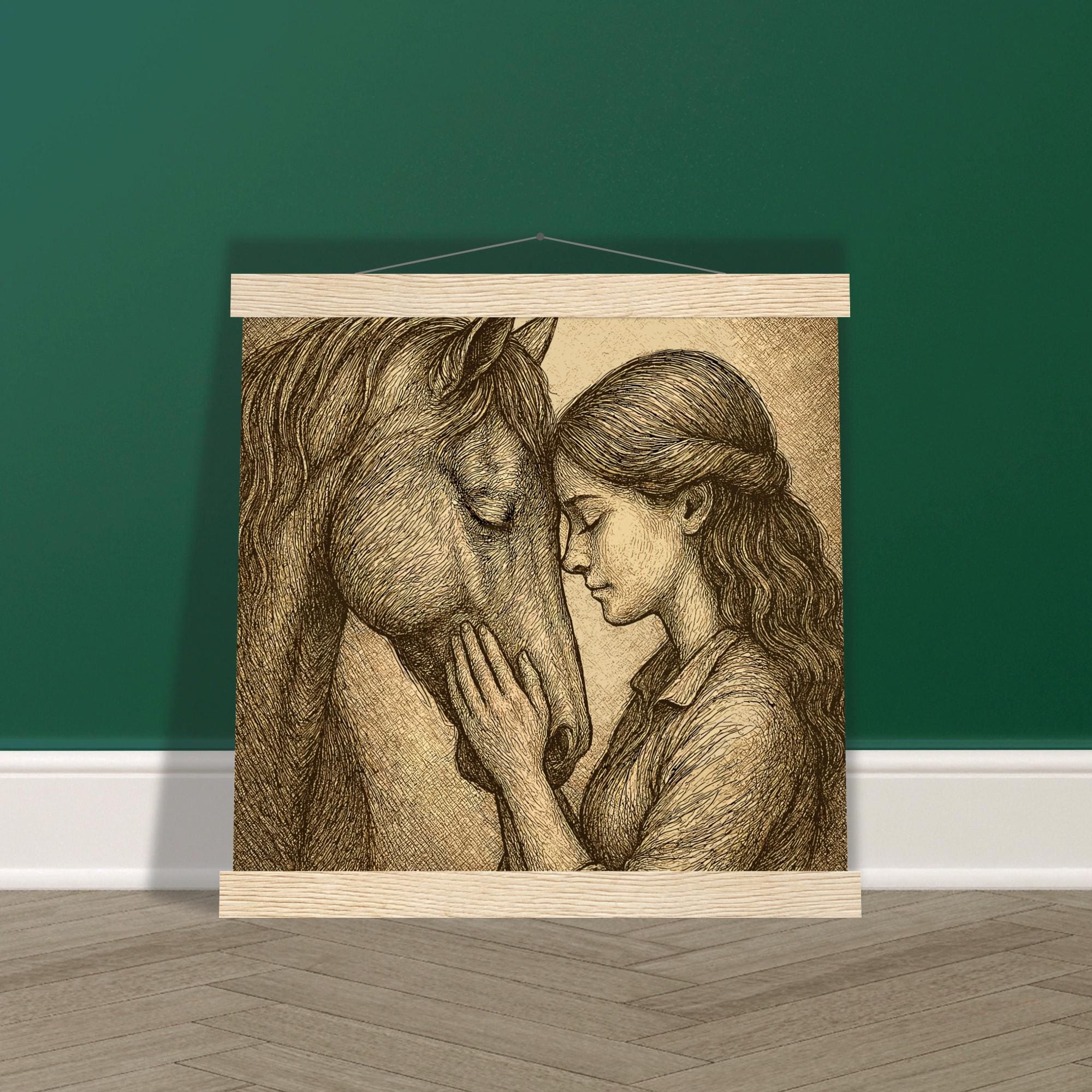 Silent Connection – Pferd & Mädchen Wandbild 20×25 cm | Emotionales Pferdeposter mit Holzaufhängern Geschenk für Reiterinnen Pferdeliebhaber