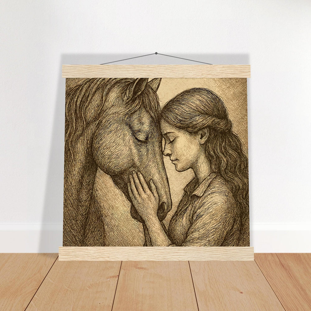 Silent Connection – Pferd & Mädchen Wandbild 20×25 cm | Emotionales Pferdeposter mit Holzaufhängern Geschenk für Reiterinnen Pferdeliebhaber