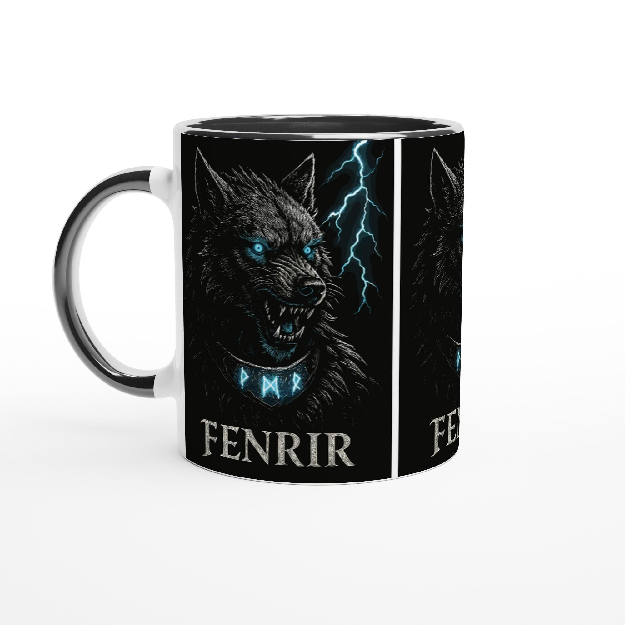 Fenrir Tasse – Nordische Mythologie Wolf – Wikinger Geschenk – Viking Mug mit Runen – Fenrir Wolf Illustration – Nordic Pagan Coffee Cup
