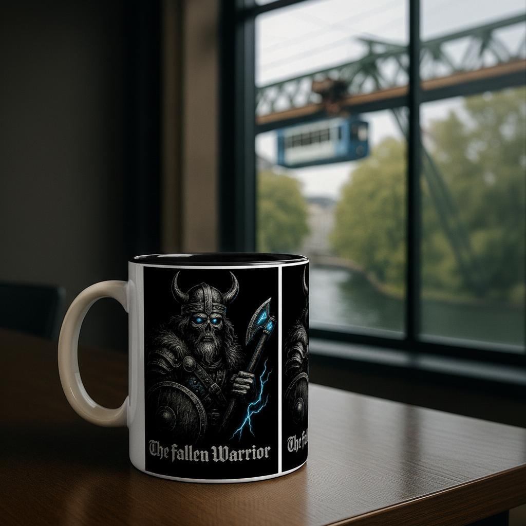 The Fallen Warrior Tasse – Dunkles Wikinger Motiv | Metal Art Geschenk | Nordische Mythologie Kaffeetasse | Schwarzer Premium Look