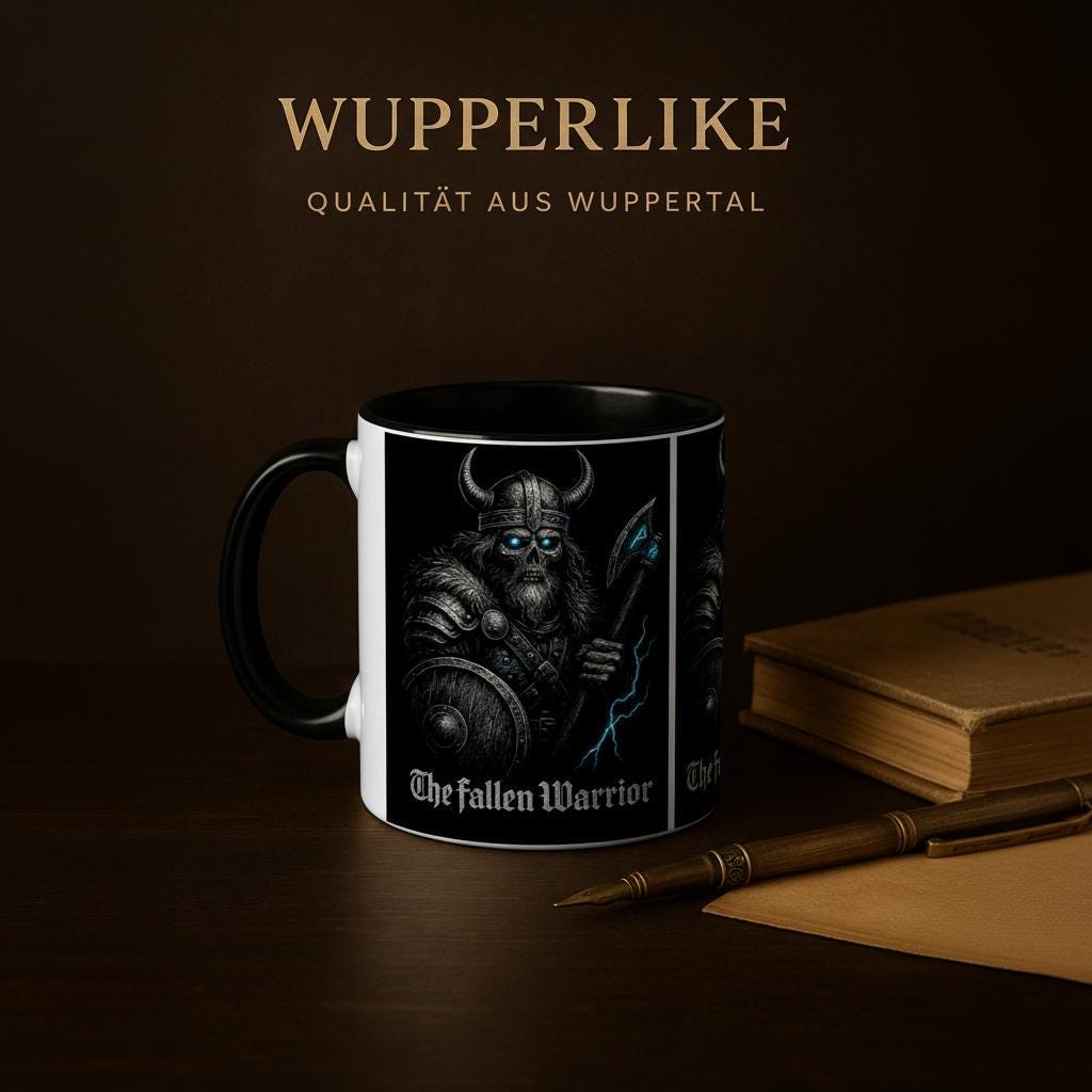 The Fallen Warrior Tasse – Dunkles Wikinger Motiv | Metal Art Geschenk | Nordische Mythologie Kaffeetasse | Schwarzer Premium Look