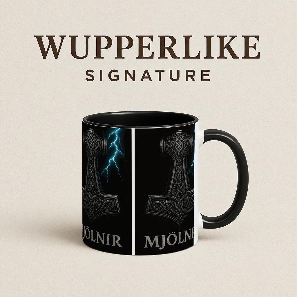 Mjölnir Tasse – Thor’s Hammer – Nordic Viking Mug – Electric Blue Metal Art – Geschenk für Männer & Mythologie Fans – Nordic Power Cup