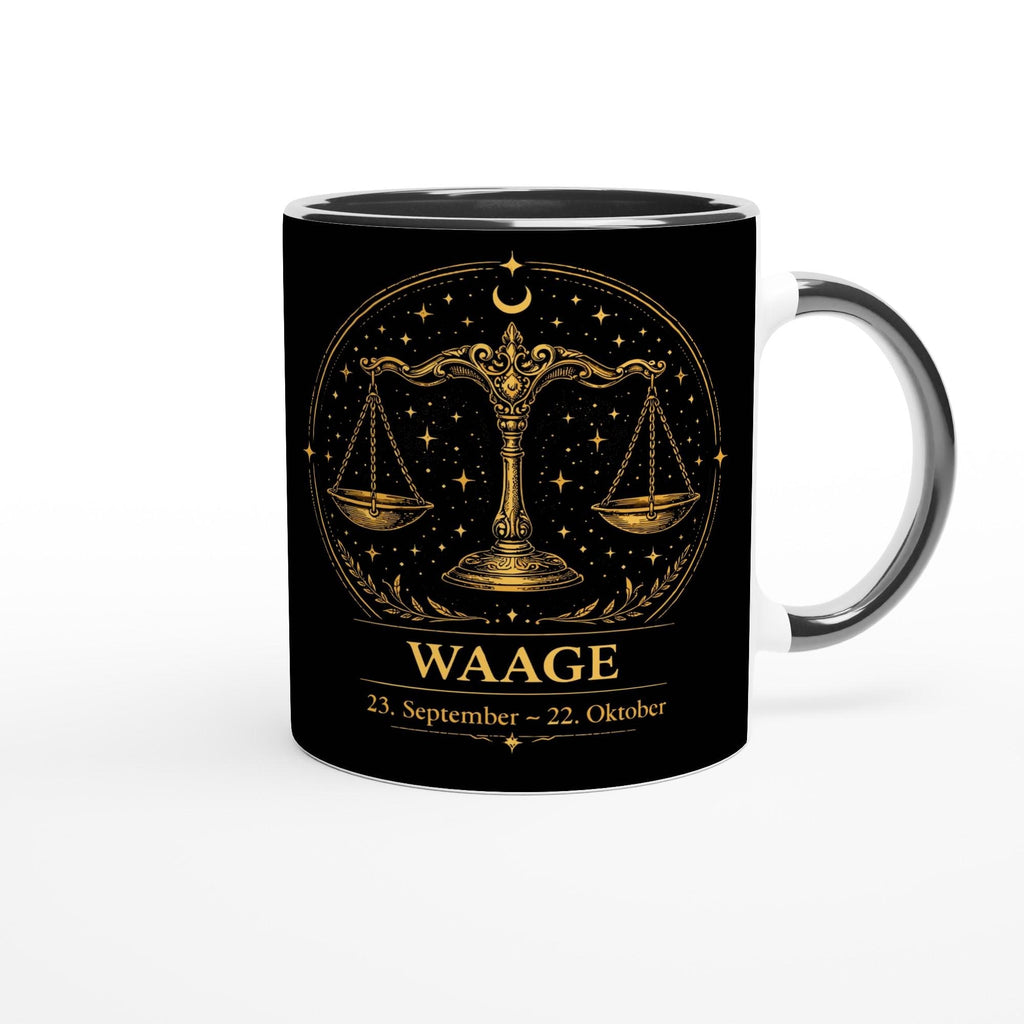 Keramiktasse mit Sternzeichen Waage, harmonisches astrologisches Motiv mit Waage als Symbol in warmen Goldtönen auf schwarzem Hintergrund, beidseitig bedruckt
