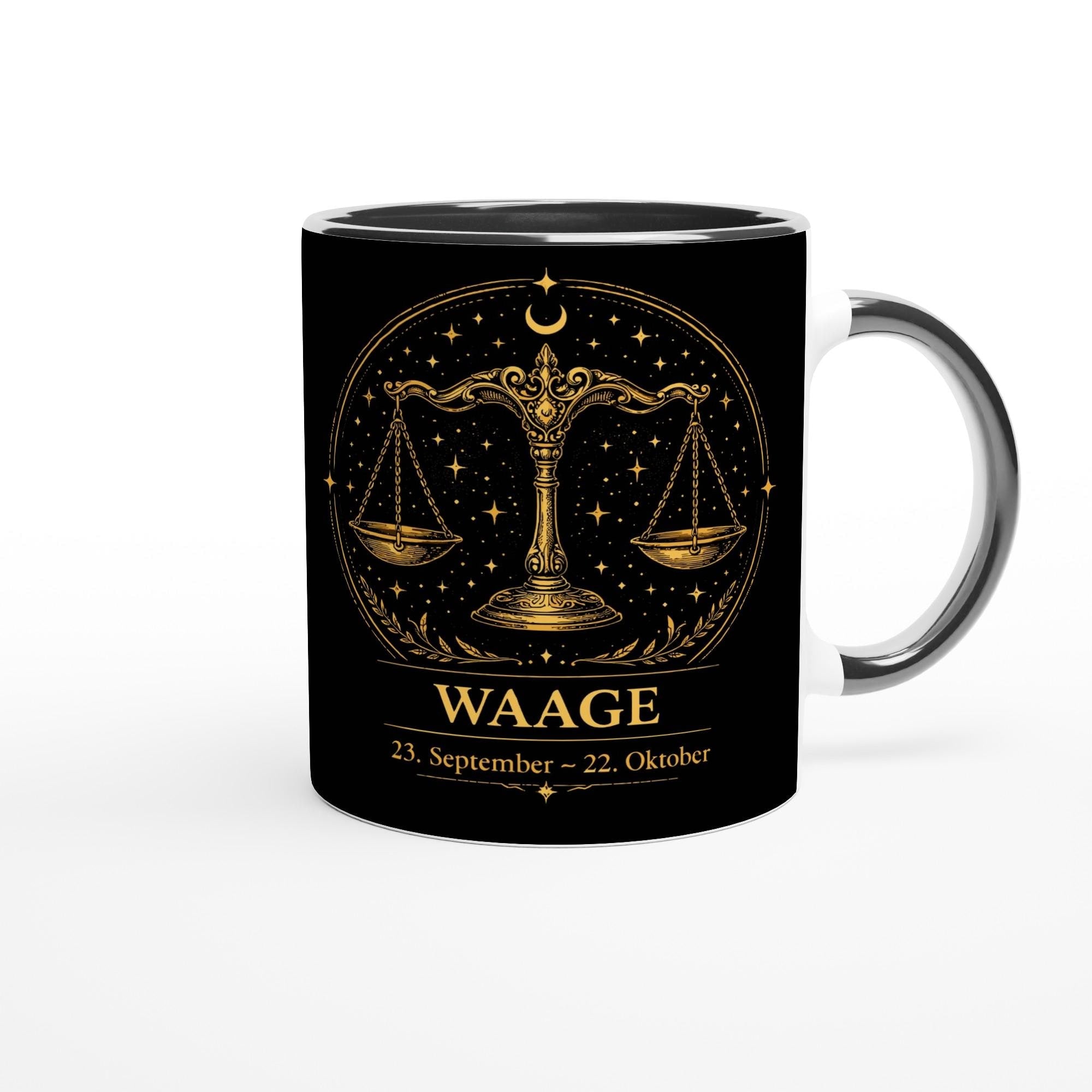 Keramiktasse mit Sternzeichen Waage, harmonisches astrologisches Motiv mit Waage als Symbol in warmen Goldtönen auf schwarzem Hintergrund, beidseitig bedruckt