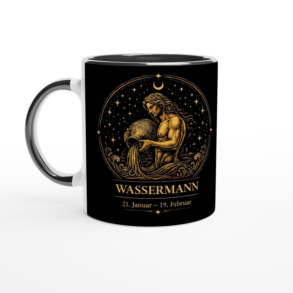 Keramiktasse mit Sternzeichen Wassermann, mythologische Figur mit Wasserkrug als astrologisches Motiv in warmen Goldtönen auf schwarzem Hintergrund, beidseitig bedruckt