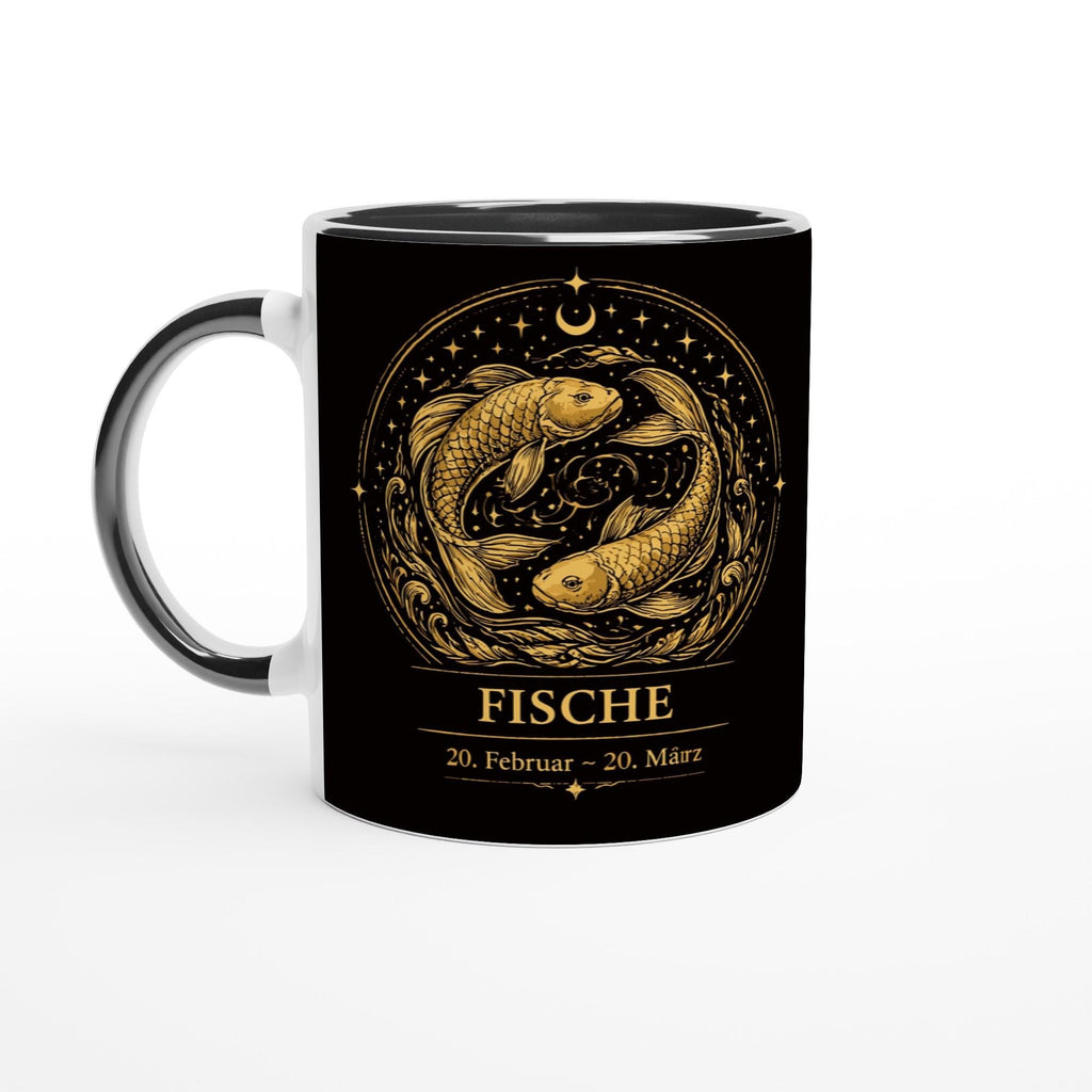 Keramiktasse mit Sternzeichen Fische, harmonisches astrologisches Motiv mit zwei Fischen in warmen Goldtönen auf schwarzem Hintergrund, beidseitig bedruckt