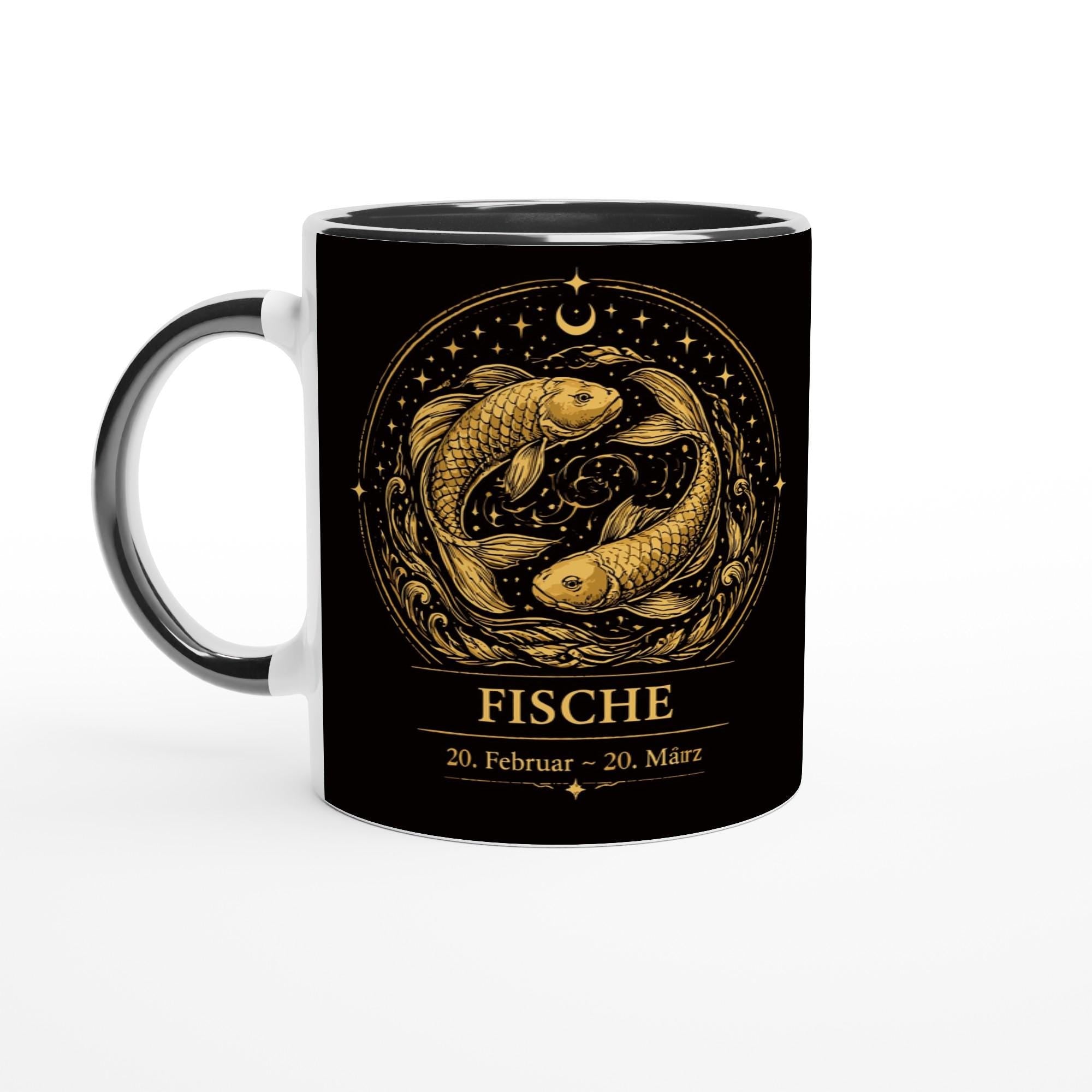 Keramiktasse mit Sternzeichen Fische, harmonisches astrologisches Motiv mit zwei Fischen in warmen Goldtönen auf schwarzem Hintergrund, beidseitig bedruckt