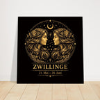 Sternzeichen Zwillinge Wandbild – Fine Art Zodiac Wall Art – Astrologie Kunstdruck – Zwillinge Poster Schwarz Gold – Sternzeichen Geschenk