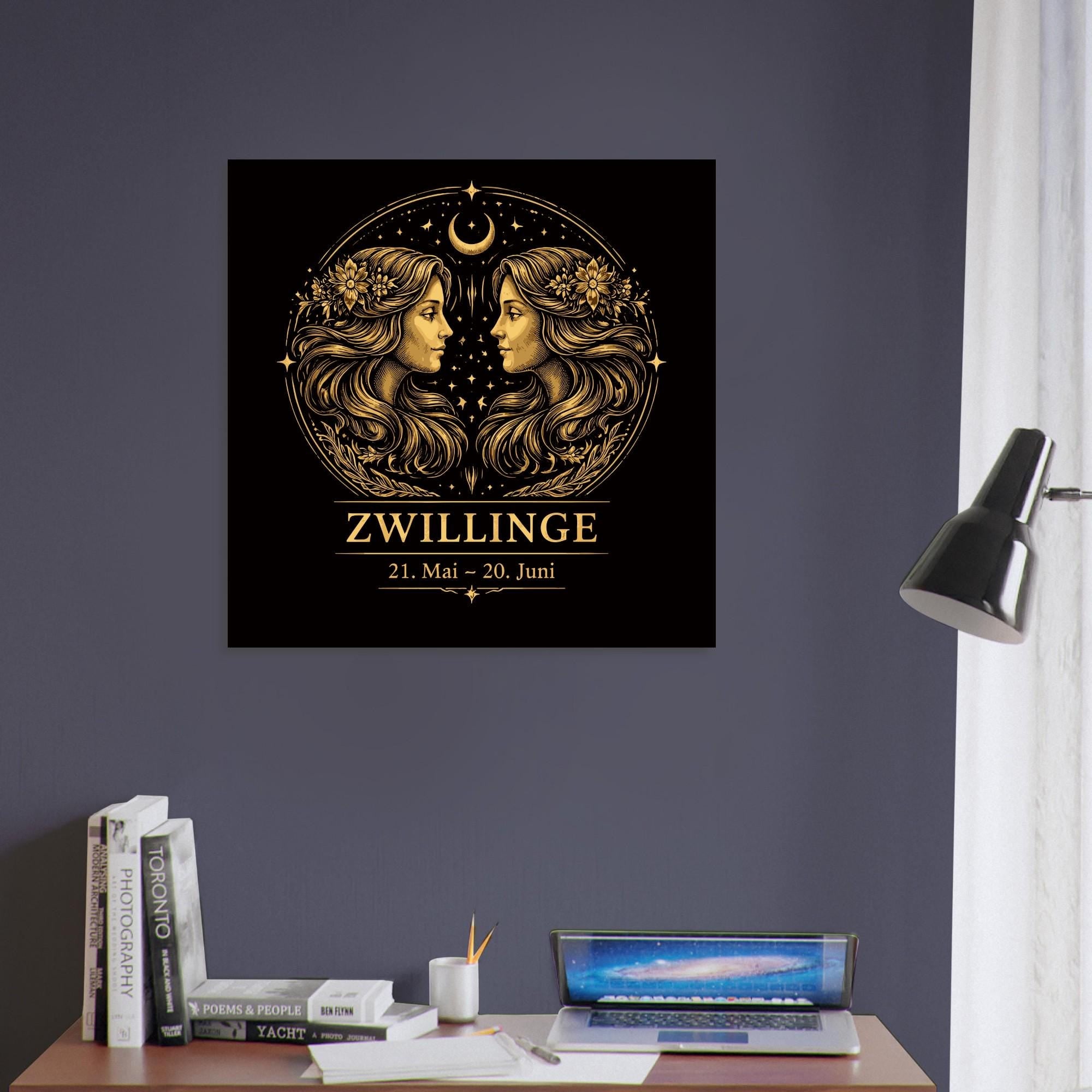 Sternzeichen Zwillinge Wandbild – Fine Art Zodiac Wall Art – Astrologie Kunstdruck – Zwillinge Poster Schwarz Gold – Sternzeichen Geschenk